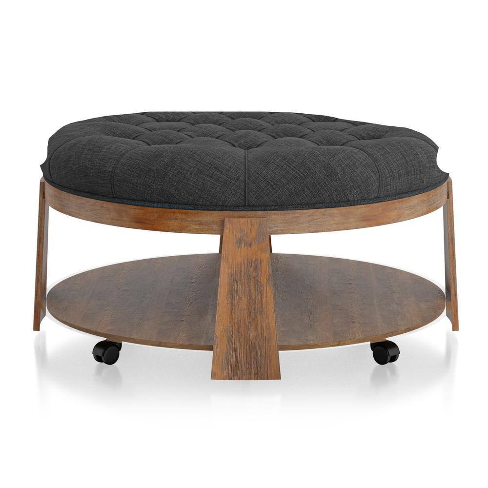 Wire Brushed Finish Natural Tone Dark Gray 1Pc Ottoman Transitional Style Deep Button Linen Like Tufted Seat Open Bottom Shelf Living Room Dark Gray Linen Primary Living Space Beige Contemporary,Rustic,Transitional Rubberwood Round Tufted Solid Wood