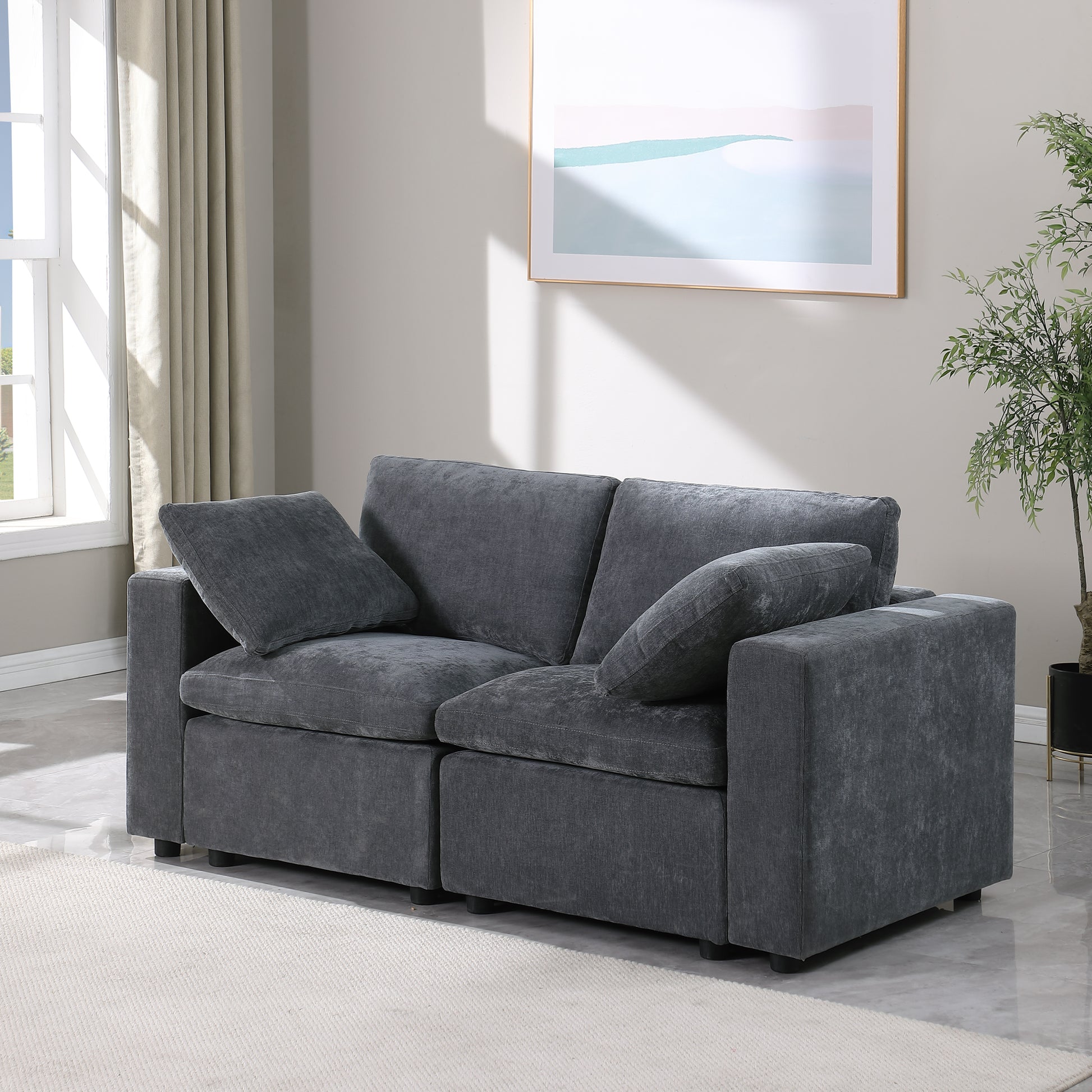 Modular Sectional Sofa, 2 Piece Sectional Sofa Set, Two Corner Chairs, Chenille Grey Grey Fabric 2 Seat