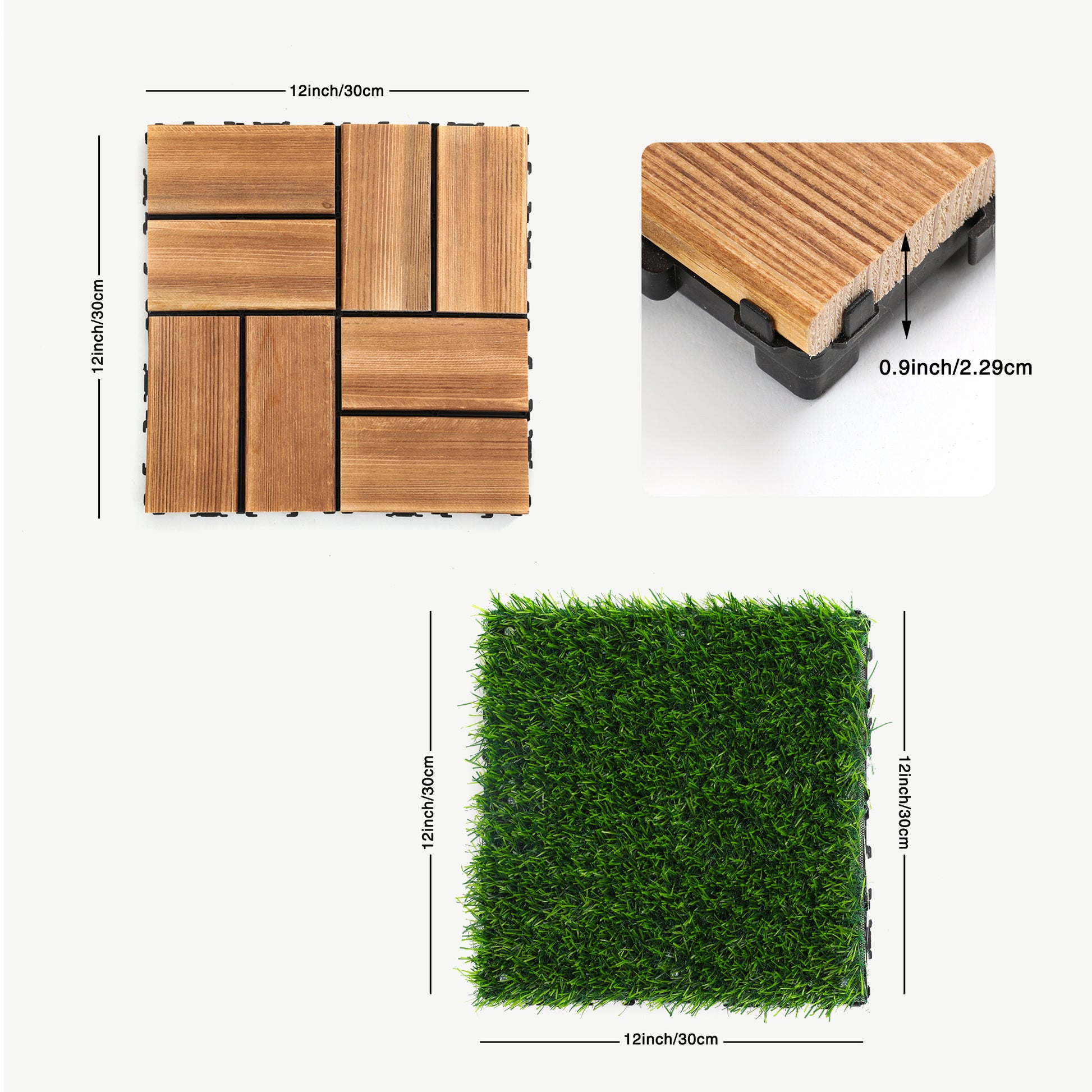 36Pcs Diy Wood Plastic Carbonized Floor, 8Pcs Simulated Lawn, Waterproof And Sunscreen, Transform Your Outdoor Space Wood Wood Plastic