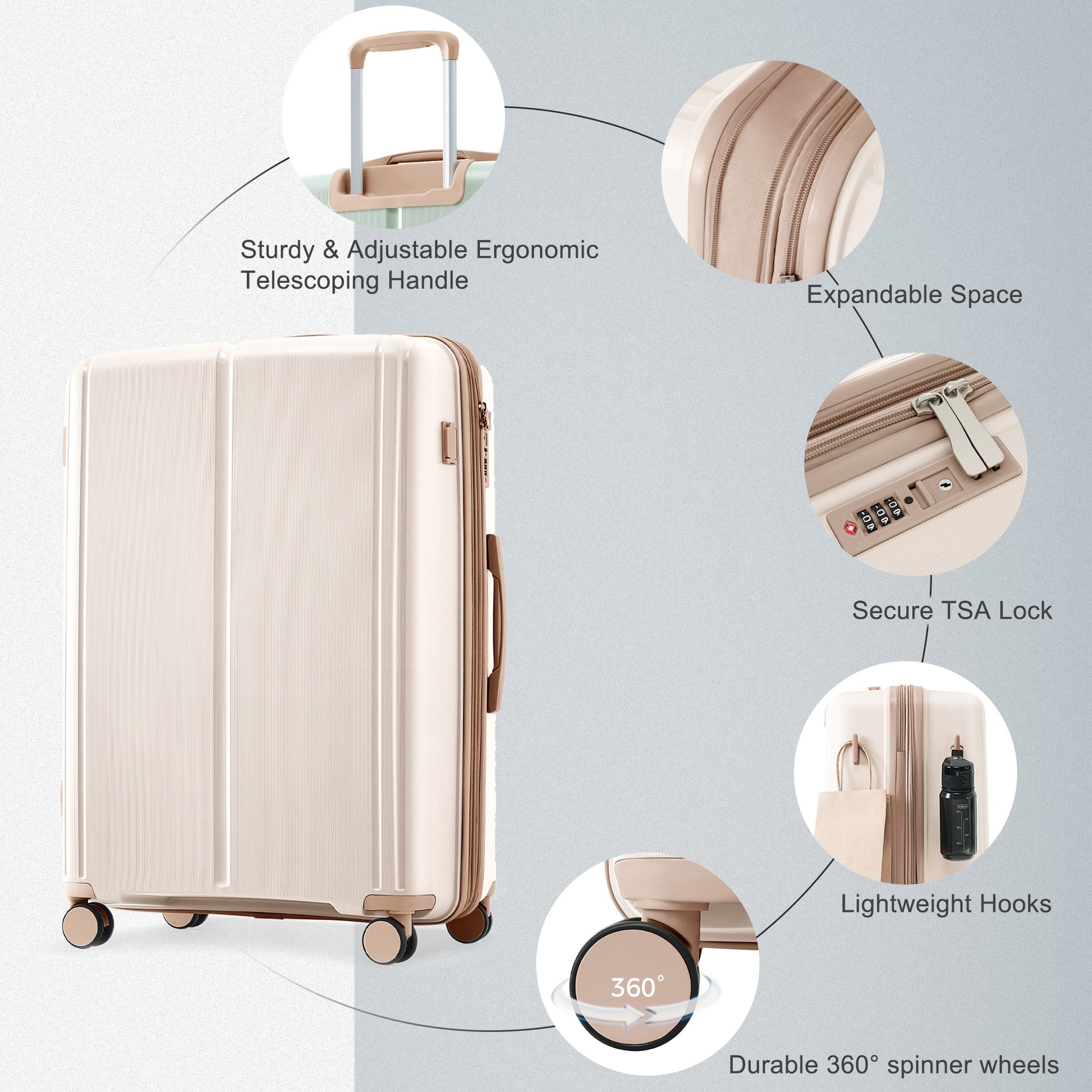 Luggage Sets 3 Piece Suitcase Set 20 24 28 With Usb Port,Carry On Luggage Airline Approved,Pp Lightweight Suitcase With Spinner Wheels,Ivory And Golden Ivory Gold Polypropylene