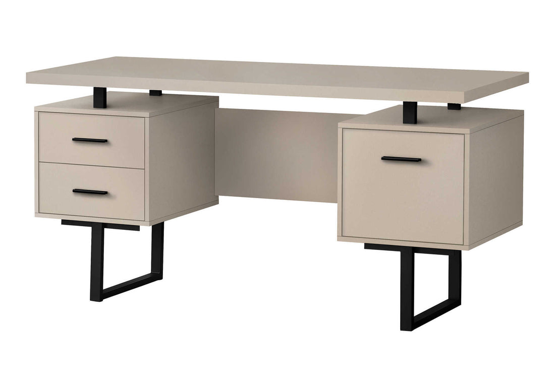 Computer Desk, Home Office, Laptop, Left, Right Set Up, Storage Drawers, 60"L, Work, Beige Laminate, Black Metal, Contemporary, Modern Taupe Particle Board