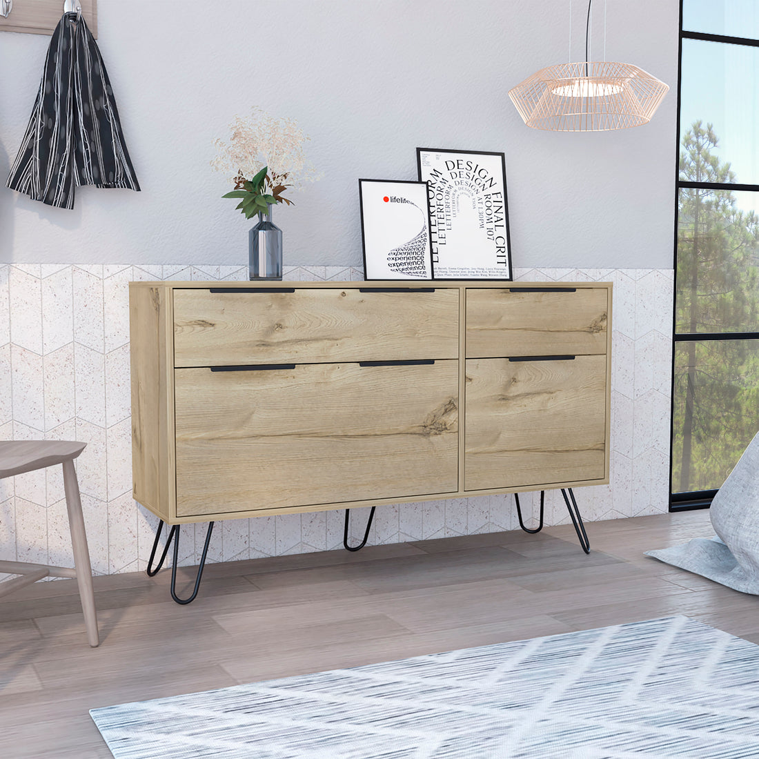 Augusta Double Dresser, Superior Top, Hairpin Legs, Four Drawers Beige Primary Living Space Modern Particle Board