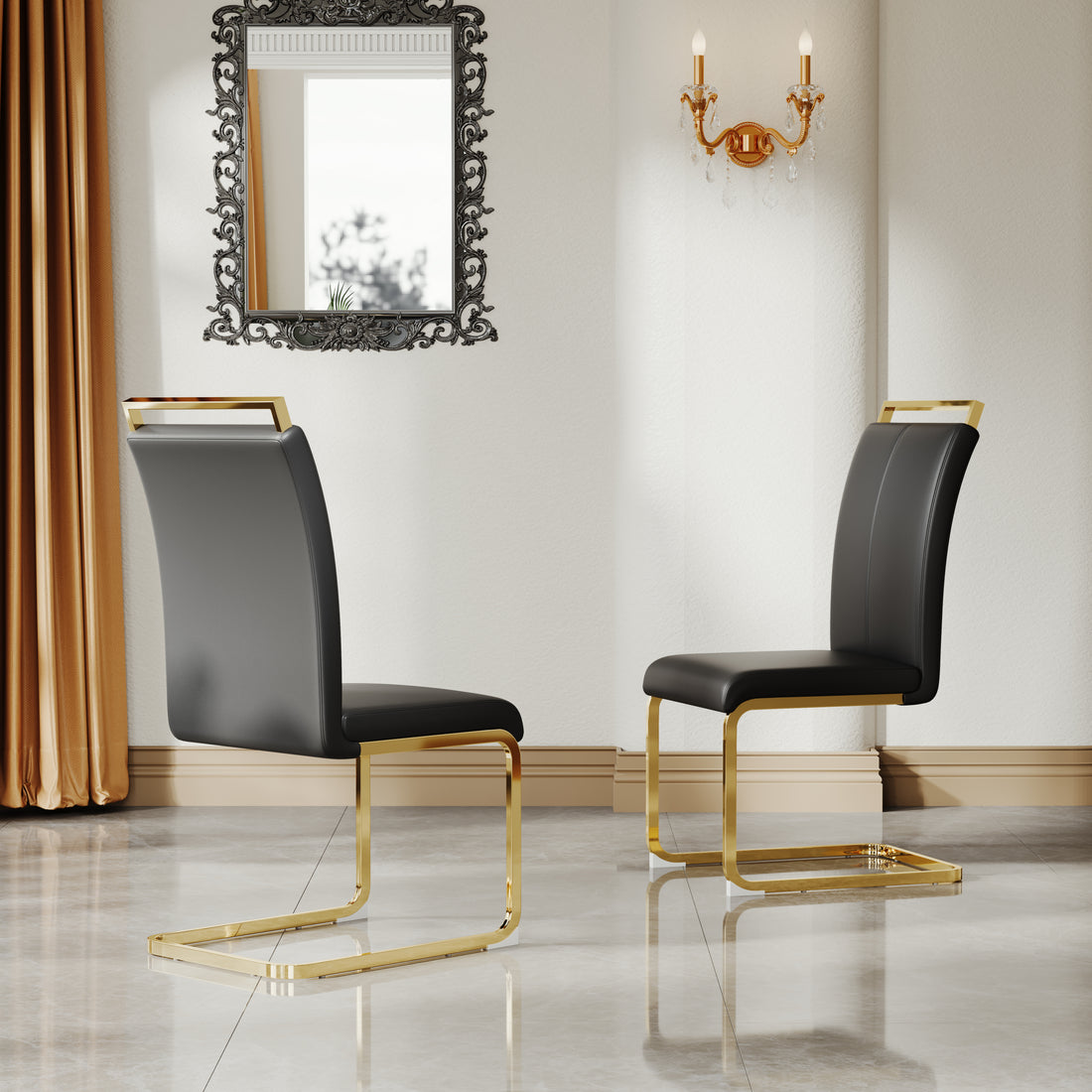 A Set Of 4 Artificial Leather Dining Chairs, Featuring An Arched Chair Design And Paired With Stainless Steel Legs. Black Gold Pu Leather