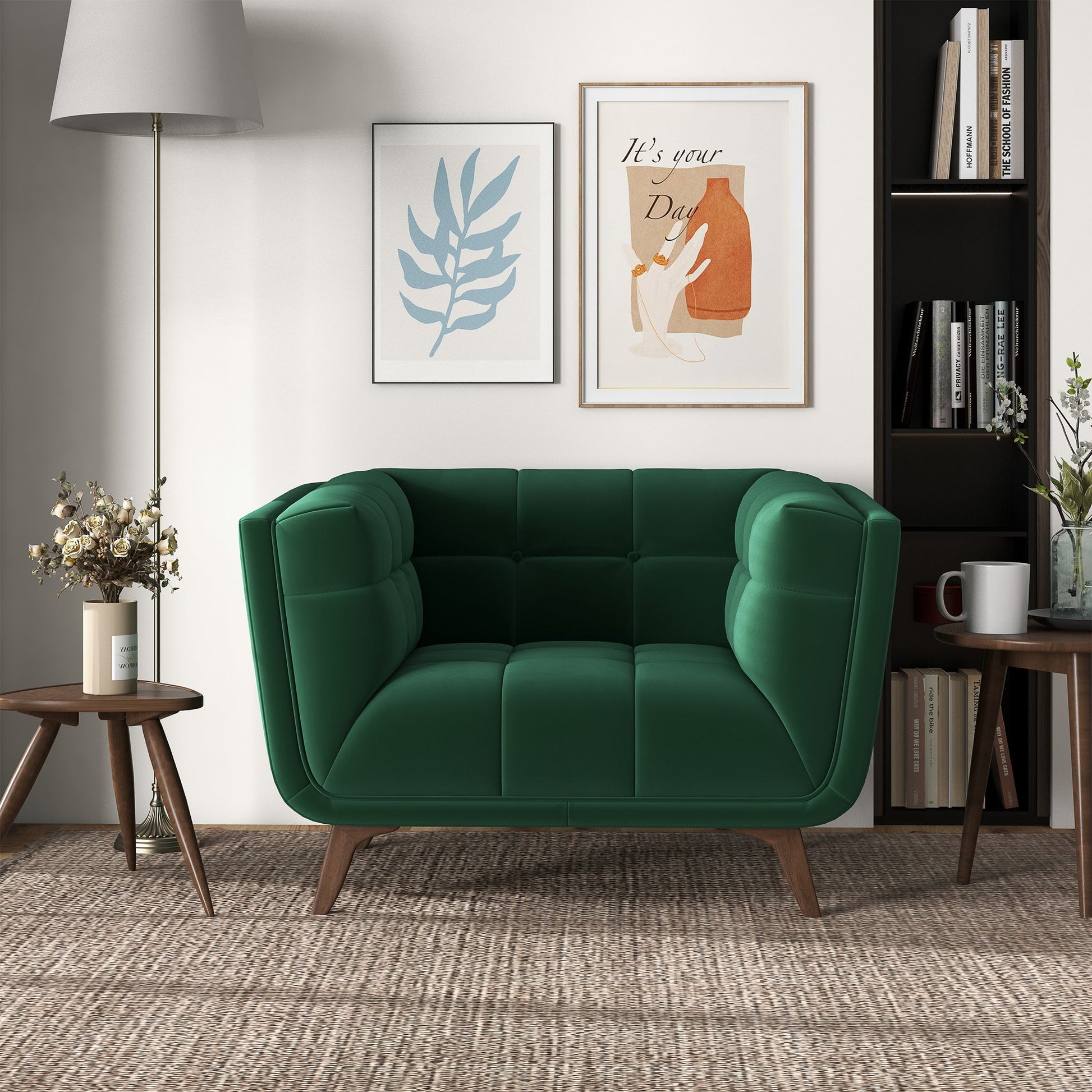 Addison Lounge Chair Dark Green Velvet Dark Green,Wood Brown Velvet Wood Tufted Back Walnut Solid Wood,Velvet