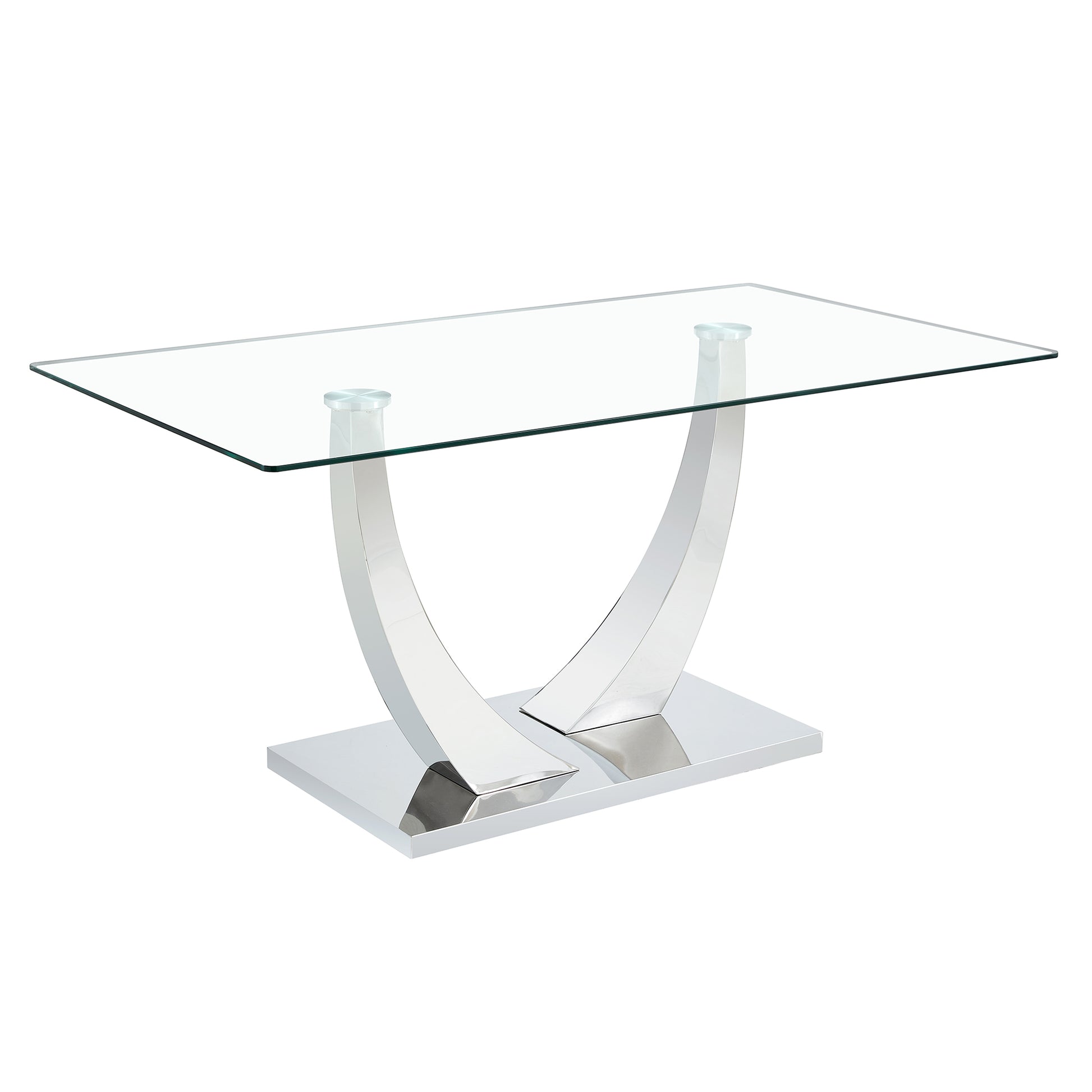 Table And Chair Set.Contemporary, Minimalist Rectangular Dining Table Featuring A Clear Tempered Glass Top And Sleek Silver Legs. Paried With Chairs Made Of Pu Material Cushion And Silver Metal Legs. White Seats 8 Glass Metal