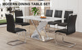 Table And Chair Set, Modern Dining Table, Imitation Marble White Top And Silver Legs, Soft And Comfortable Dining Chair, Perfect For Dinner, Meetings, Home And Office Decor Black Silver Glass Metal