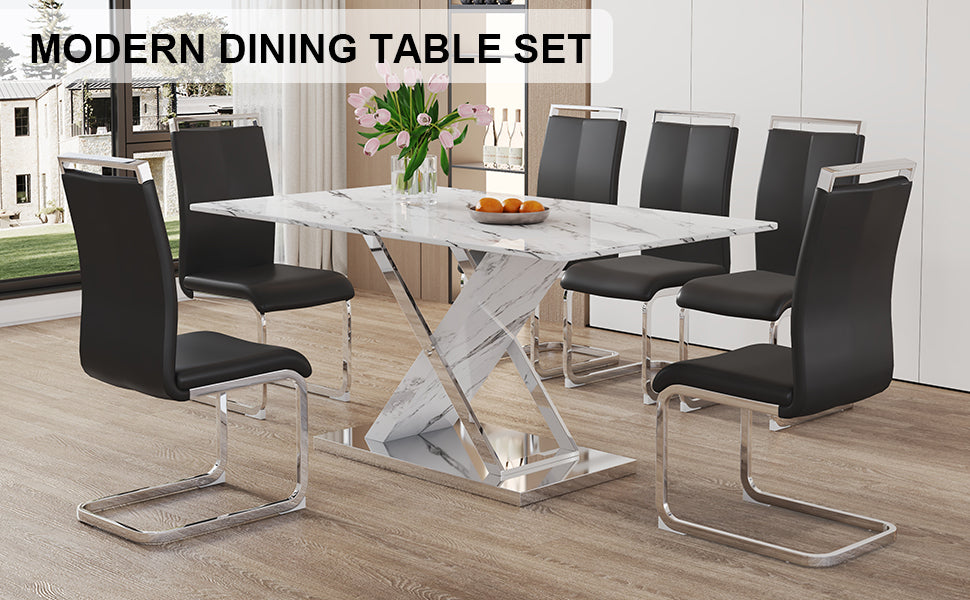 Table And Chair Set, Modern Dining Table, Imitation Marble White Top And Silver Legs, Soft And Comfortable Dining Chair, Perfect For Dinner, Meetings, Home And Office Decor Black Silver Glass Metal