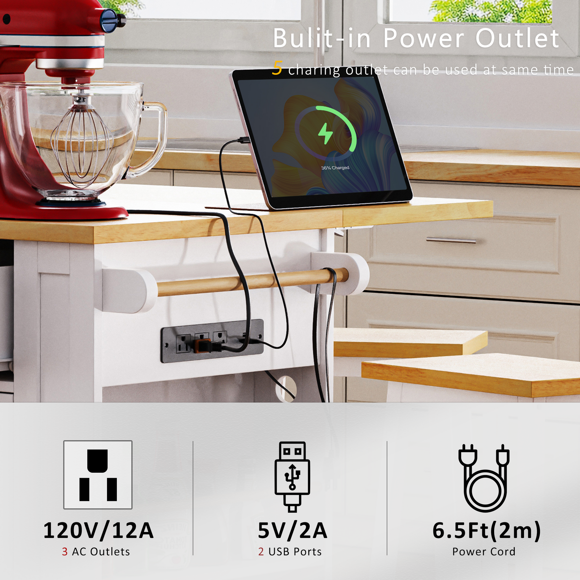 K&K 53Inch Large Kitchen Island With Drop Leaf, Power Outlet, Door Internal Storage Rack, Rolling Kitchen Cart On 5 Wheels With 5 Open Side Racks For Kitchen, Dining Room,White Not Include Bar