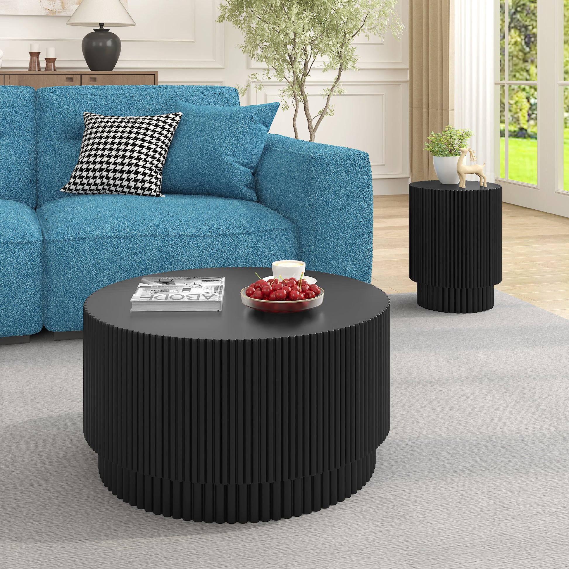 15.72 Inch H Barrel Coffee Table, Nordic Style, Simple Design, Suitable For Indoor And Outdoor Use, Magnesium Oxide Material, Suitable For Living Room, Bedroom Or Garden Sofa Black Magnesium Oxide