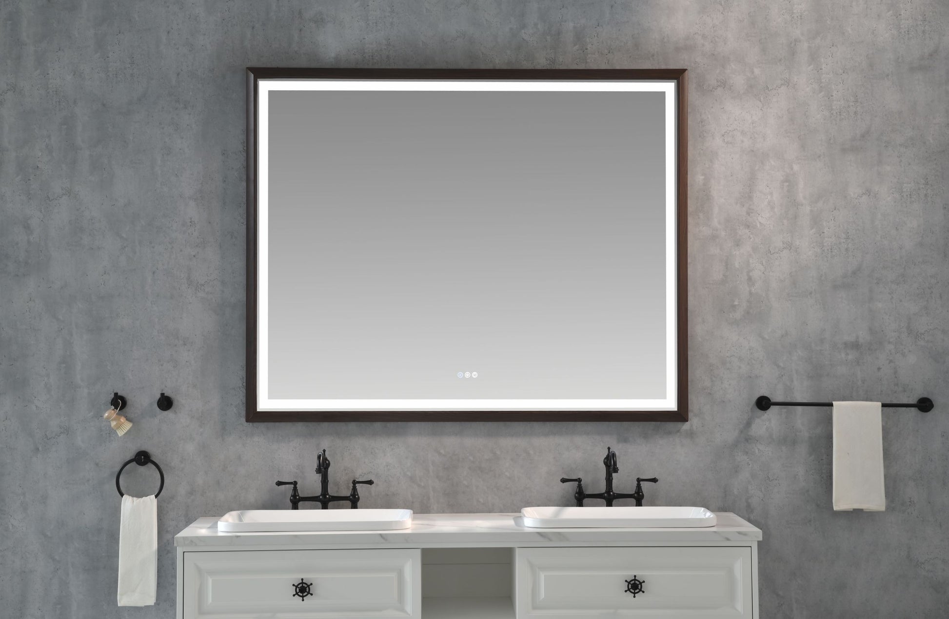 Bathroom Led Mirror Is Multi Functional And Each Function Is Controlled By A Smart Touch Button. Brown Aluminium