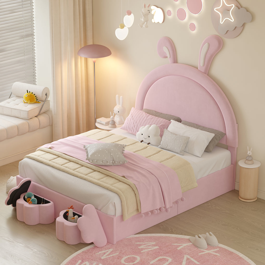 Full Size Upholstered Rabbit Shape Bed With 2 Storage Stools, Velvet Platform Bed With Cartoon Ears Shaped Headboard, Pink Full Pink Wood