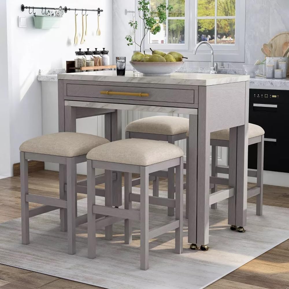 Rustic 5Pc Dining Set Counter Height Dining Table W Storage Drawer Faux Marble Top 4X Stools Light Gray Dining Room Furniture Gray Wood Dining Room Solid Wood Rubberwood Rectangular Dining Table With Chair Faux Marble Beige,Light Gray Seats 4