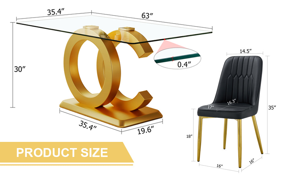 Table And Chair Set.63"W X 35.4"D X 30"H Clear Tempered Glass Desk And Chair Set With 4 Black Pu Chairs With Gold Metal Legs.Bring A Comfortable Home Experience To The Kitchen, Bedroom, And Office.