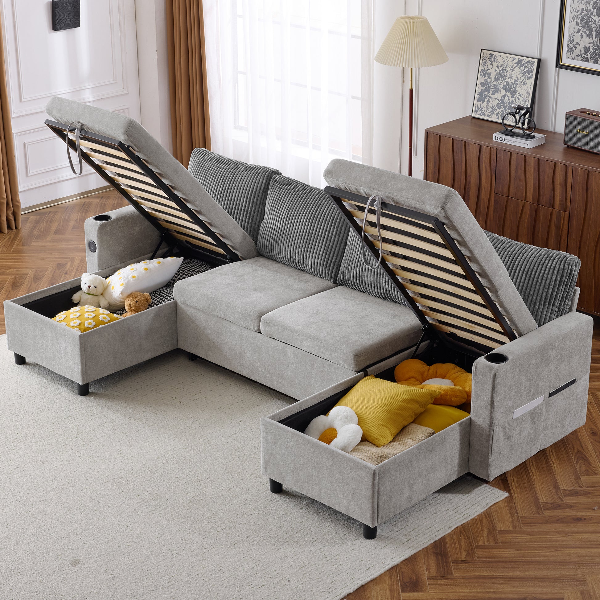 111.8" Sectional Sofa Pull Out Sofa Bed Versatile Sofa Sleeper With Large Storage Space, Two Usb Ports And Two Cup Holders For Living Room, Grey Grey Foam Chenille 4 Seat