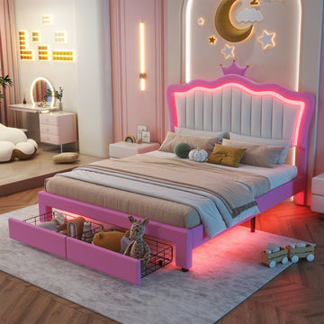 Full Size Upholstered Bed Frame With Led Lights, Modern Upholstered Princess Bed With Crown Headboard, 2 Drawers, Pink White Box Spring Not Required Full Pink White Wood Bathroom Modern Bed Frame Pu