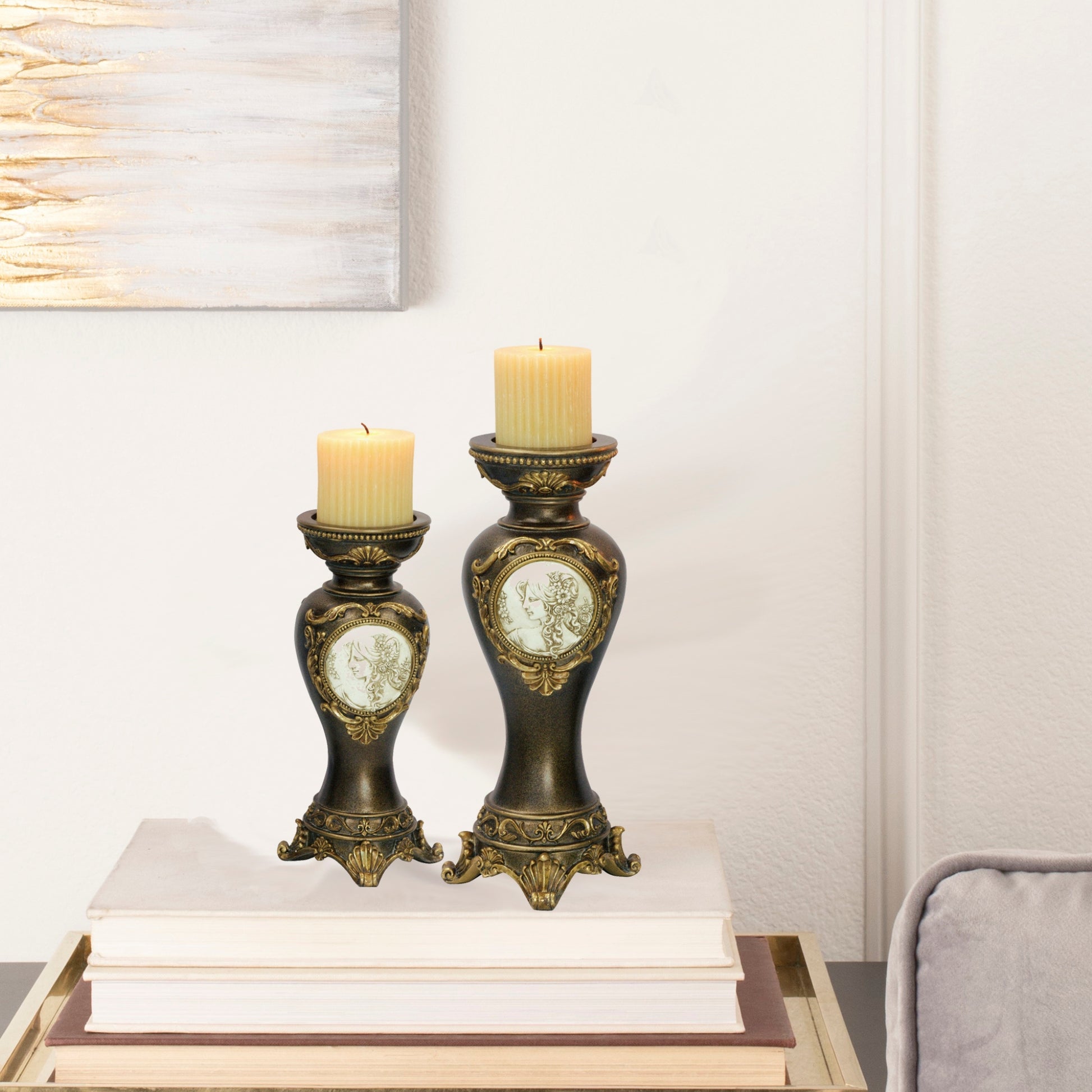 11" And 14" Tall Polyresin Candleholder, Bronze Finish Set Of 2 Bronze Polyresin