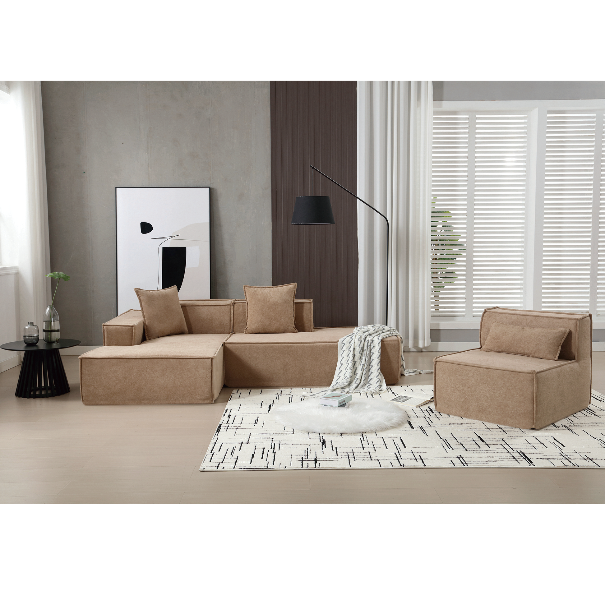 Modular Combination Living Room Sofa Set, Modern Minimalist Sofa, Free Installation Sofa, L Shaped, Italian Minimalist Tofu Block Sofa, Left Hand Facing,Terrycloth Fabric, Light Brown Light Brown Polyester Primary Living Space Soft Modern Polyester 3