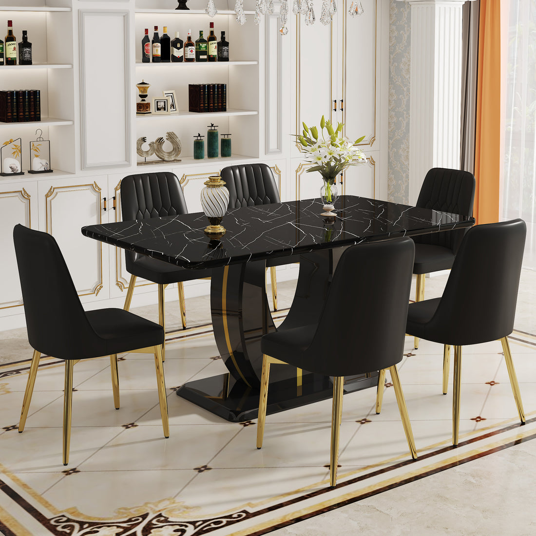 Table And Chair Set.63"W X 37"D X 30"H Black Marble Mdf Diningtable Set With 6 Black Pu Chairs With Gold Metal Legs.Bring A Comfortable Home Experience To The Kitchen, Bedroom, And Office.