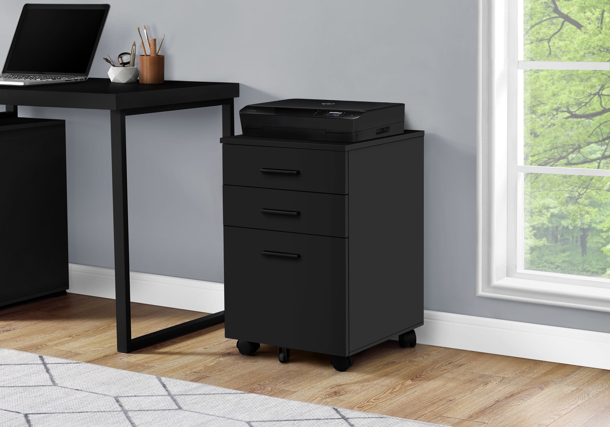 File Cabinet, Rolling Mobile, Storage Drawers, Printer Stand, Office, Work, Black Laminate, Contemporary, Modern Black Particle Board