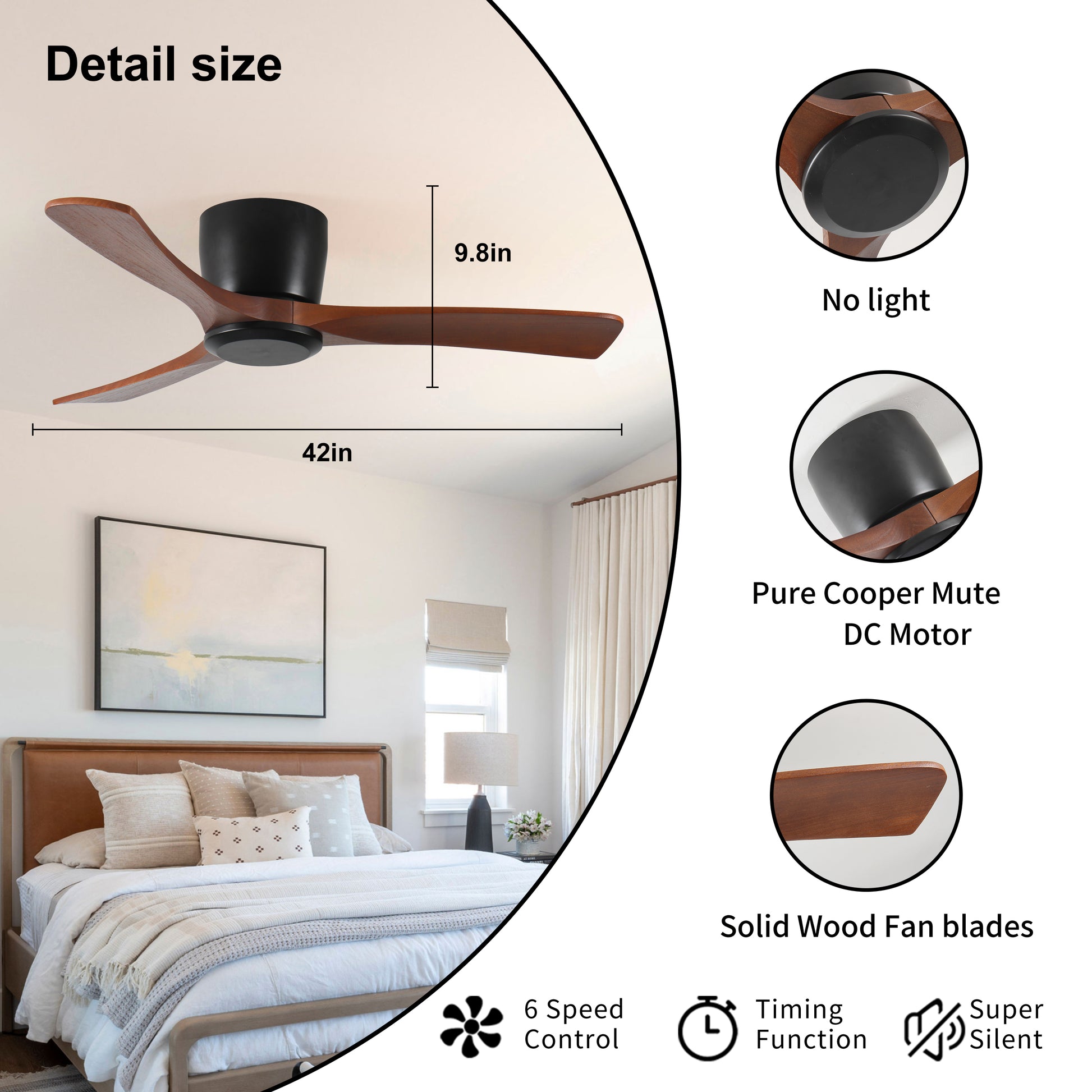 42 Inch Ceiling Fan No Light With Remote Control, Low Profile Flush Mount Ceiling Fan Without Light,Noiseless Reversible Dc Motor With Timer Black Brown Wood Metal