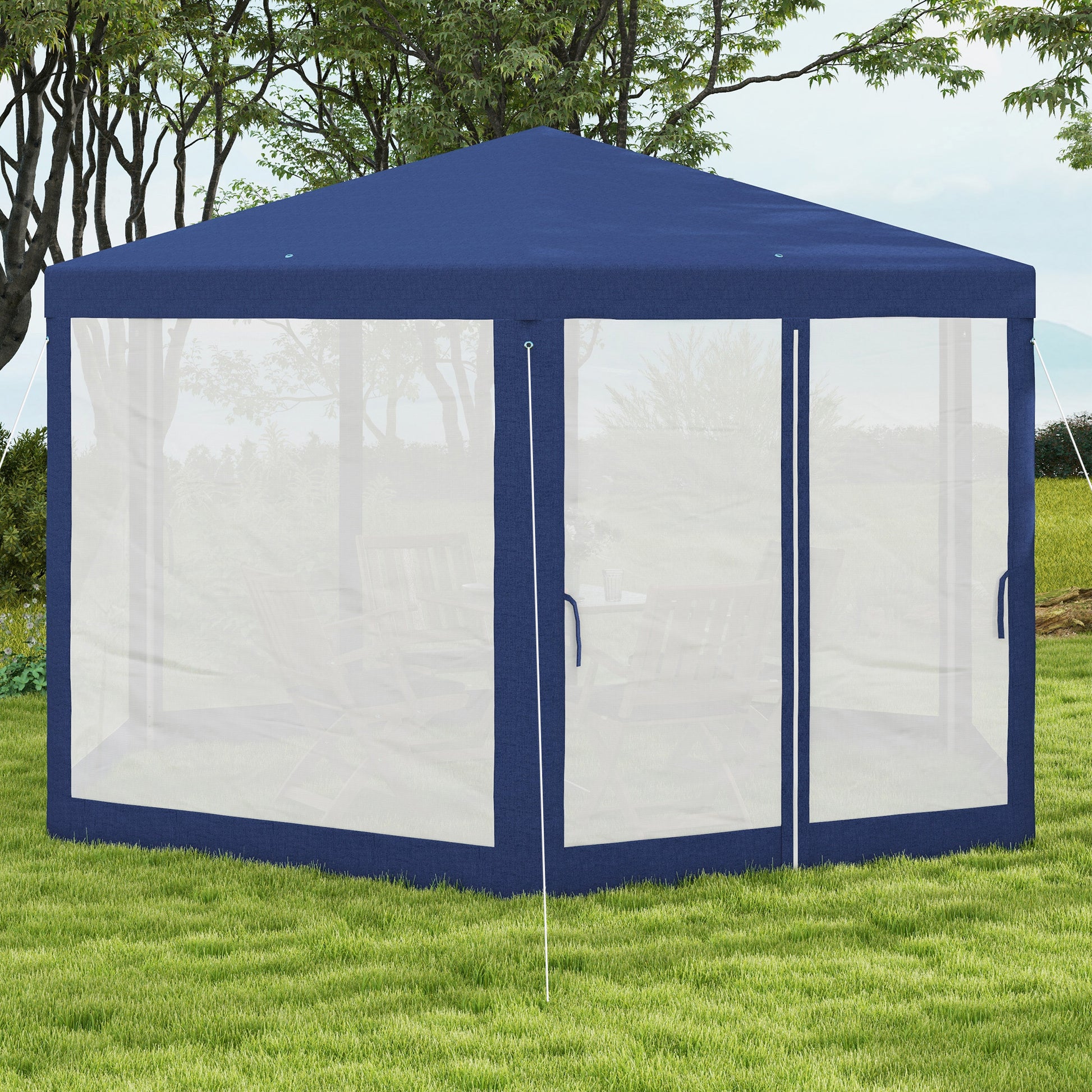 Outsunny 13' X 11' Outdoor Party Tent, Hexagon Sun Shade Shelter Canopy With Protective Mesh Screen Sidewalls, Ropes & Stakes, Blue Blue Steel