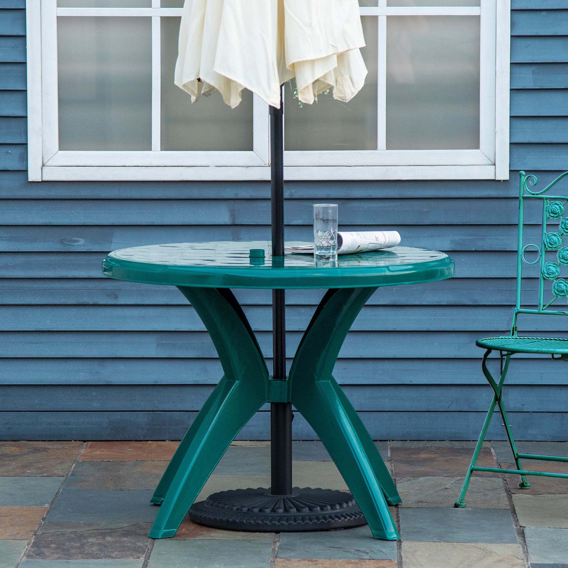 cheap plastic patio table with umbrella hole Outsunny 36.25" Dia Round Plastic Patio Table With Umbrella Hole, Outdoor Bistro Dining Table, For Bar, Garden, Backyard, Poolside, Yard, Green Green