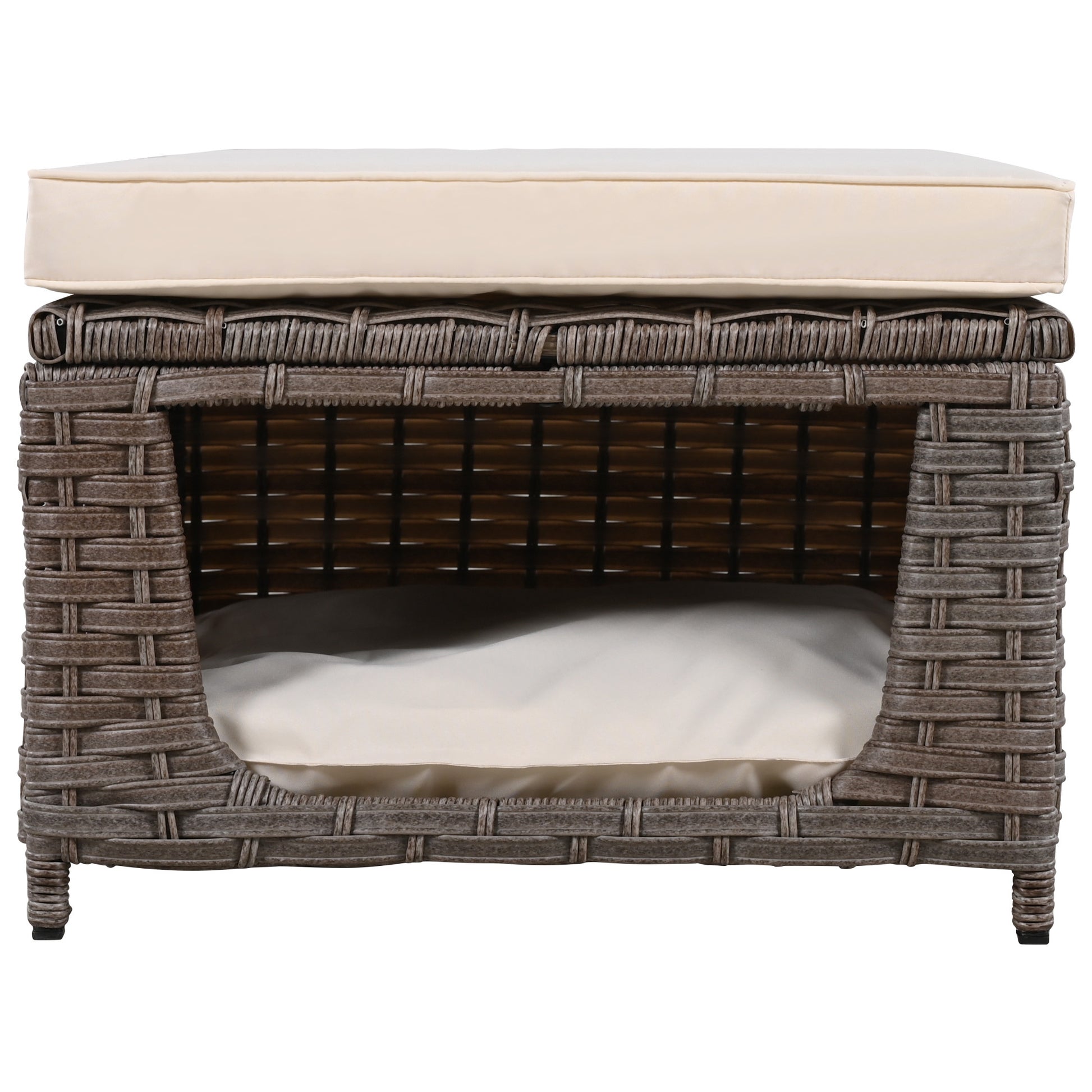 K&K 5 Pieces Outdoor Patio Furniture Set With Pet House Cool Bar And Retractable Side Tray, Rattan Wicker Patio Swivel Rocking Chairs Set Of 2 With Ottomans For Backyard, Porch, Balcony, Beige Yes Rocker & Glider Brown Beige Seats 2 Weather Resistant