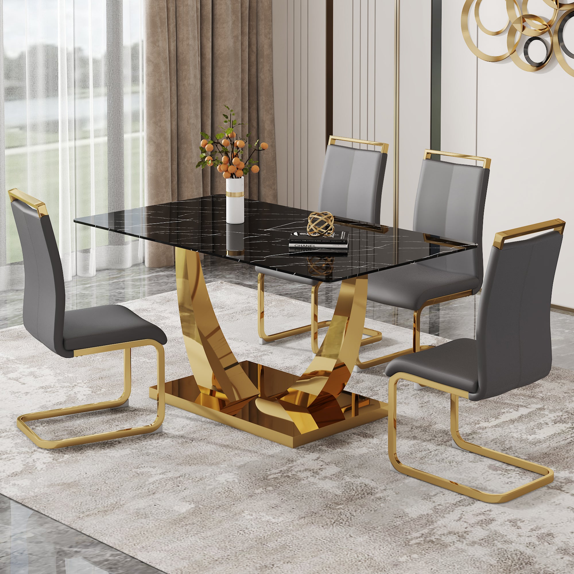 Table And Chair Set.Modern Rectangular Dining Table With Black Textured Stickers Glass Tabletop And Gold Plated Metal Legs.Paried With 4 Comfortable Chairs With Pu Seats And Golden Metal Legs. Dark