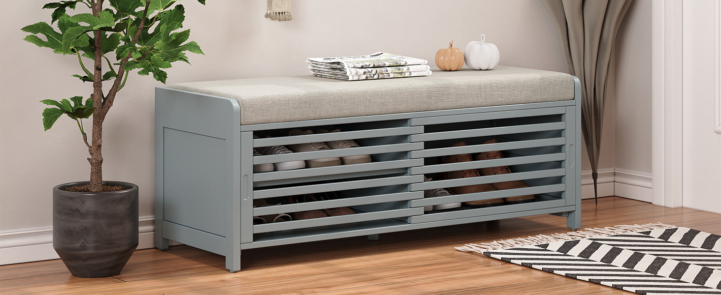 Distressed Shutter Storage Bench With Acacia Veneer For Retro Charm For Living Room, Entryway Grey Grey Mdf