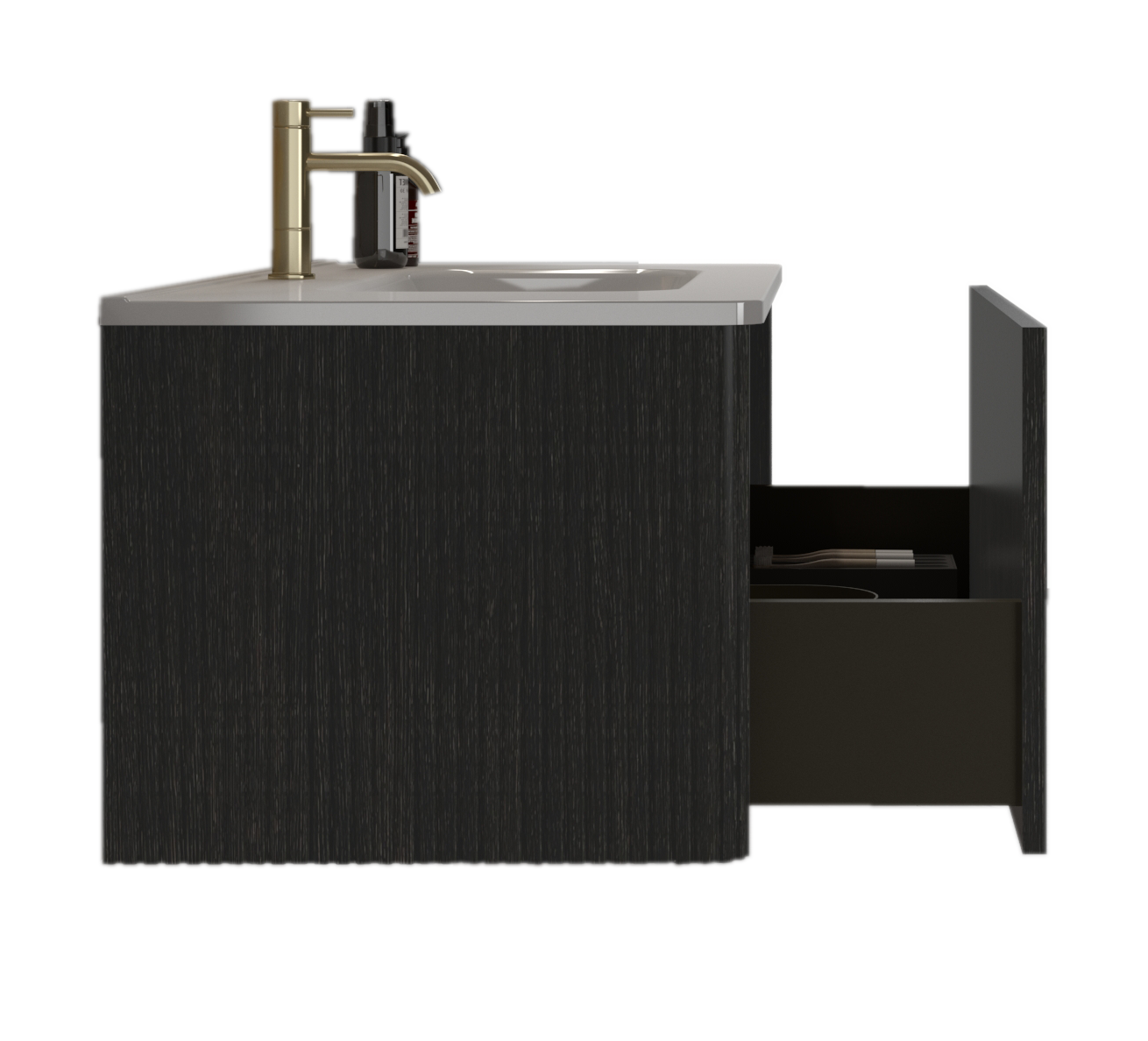 U058 Etna36W 308 Etna 36" Striped Brushed Black Oak Floating Bathroom Vanity With White Ceramic Sink, Bathroom Vanity For Modern Bathroom, Pre Assembled Black Melamine