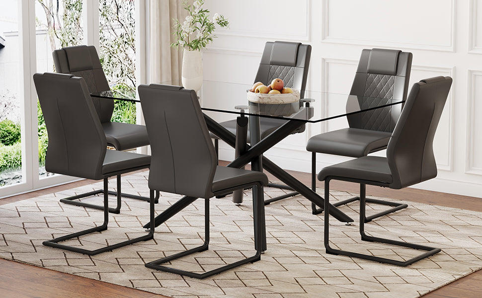 Table And Chair Set.Modern Rectangular Glass Dining Table With 0.39" Tempered Glass Tabletop And Black Metal Legs.Paired With Multiple Chairs Designed With Pu Cushions And Black Metal Legs. Black Grey Seats 6 Tempered Glass