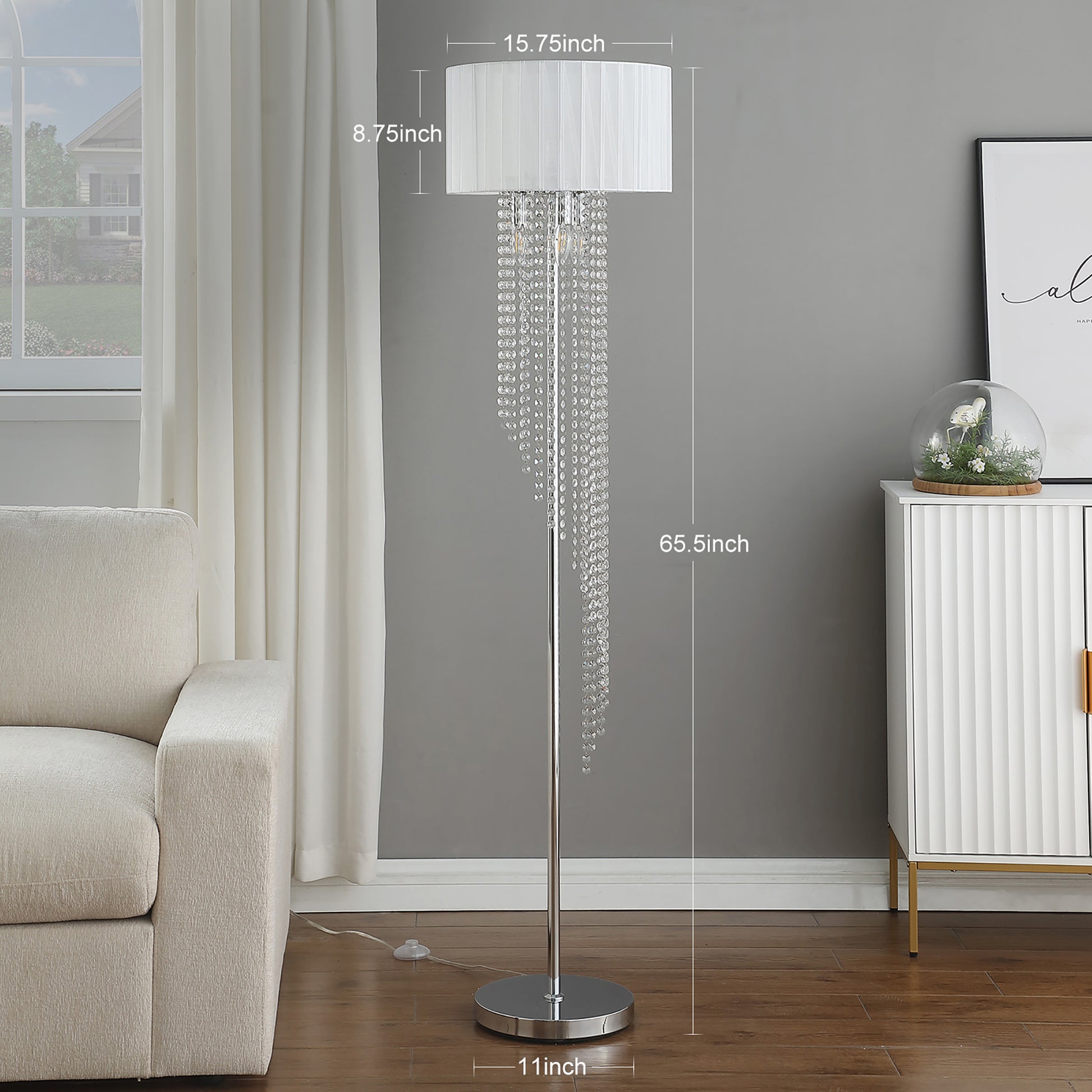 65.75"H Sheer White Drum Shade Rain Crystal Chrome Metal Floor Lamp For Living Room, Standing Lamp For Bedroom Silver White Metal