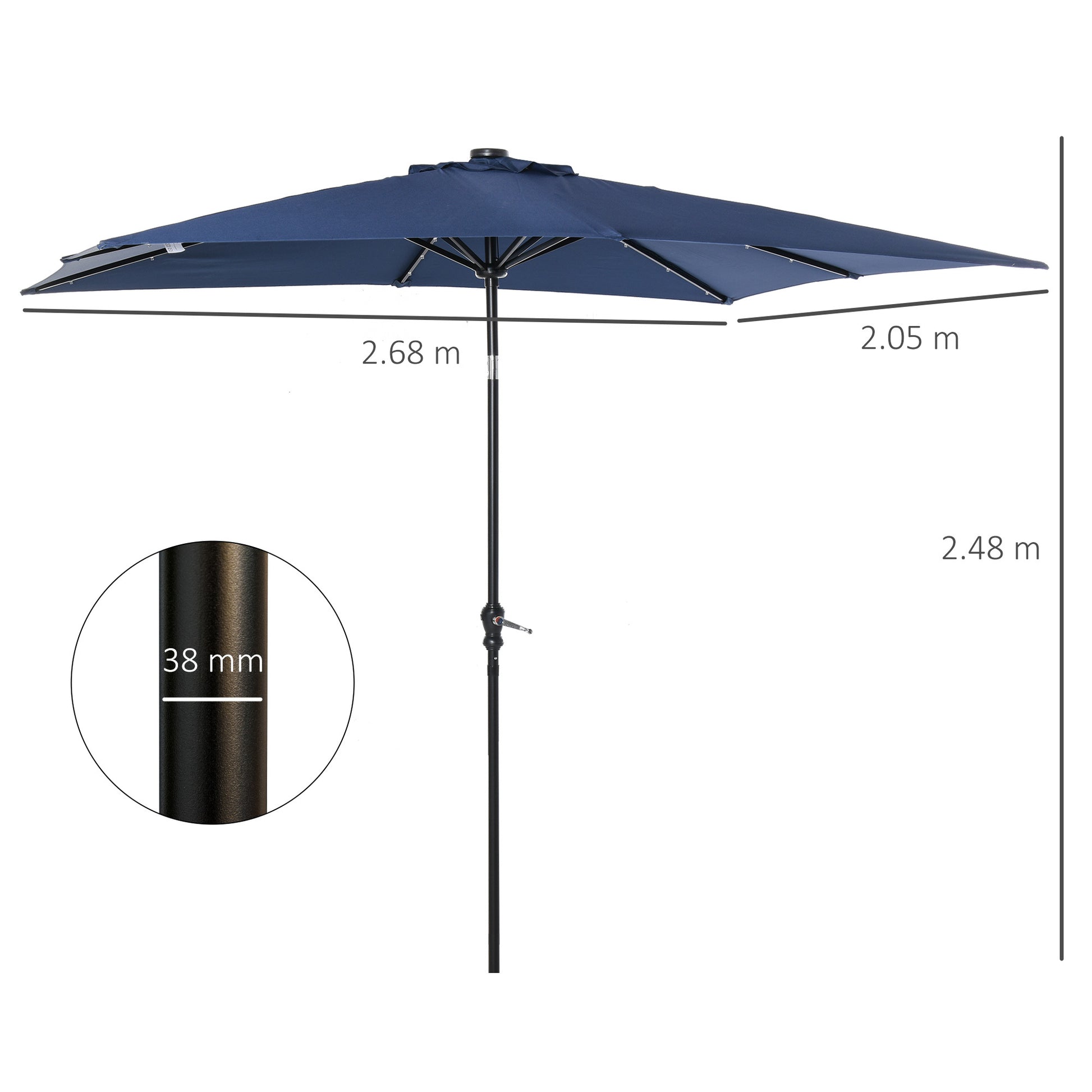 Outsunny 9' X 7' Solar Umbrella, Led Lighted Patio Umbrella For Table Or Base With Tilt & Crank, Outdoor Umbrella For Garden, Deck, Backyard, Pool, Beach, Blue Blue Steel