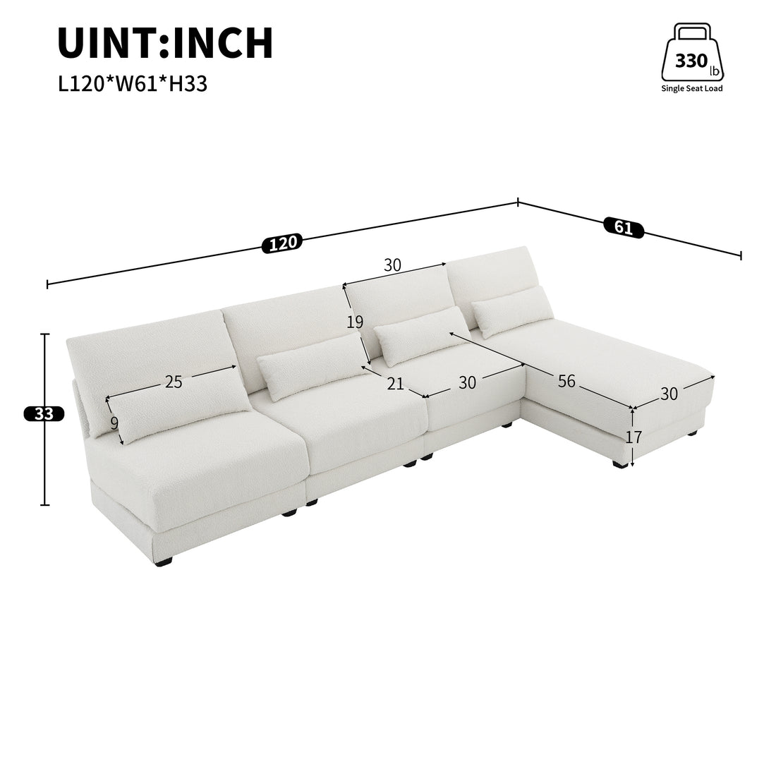 120*61" Oversized Deep Seat Sectional Sofa With Reversible Chaise,Loop Yarn Fabric 5 Seat Armless Indoor Furniture,Convertible L Shaped Couch For Living Room,Apartment,3 Colors Cream Fabric 5 Seat