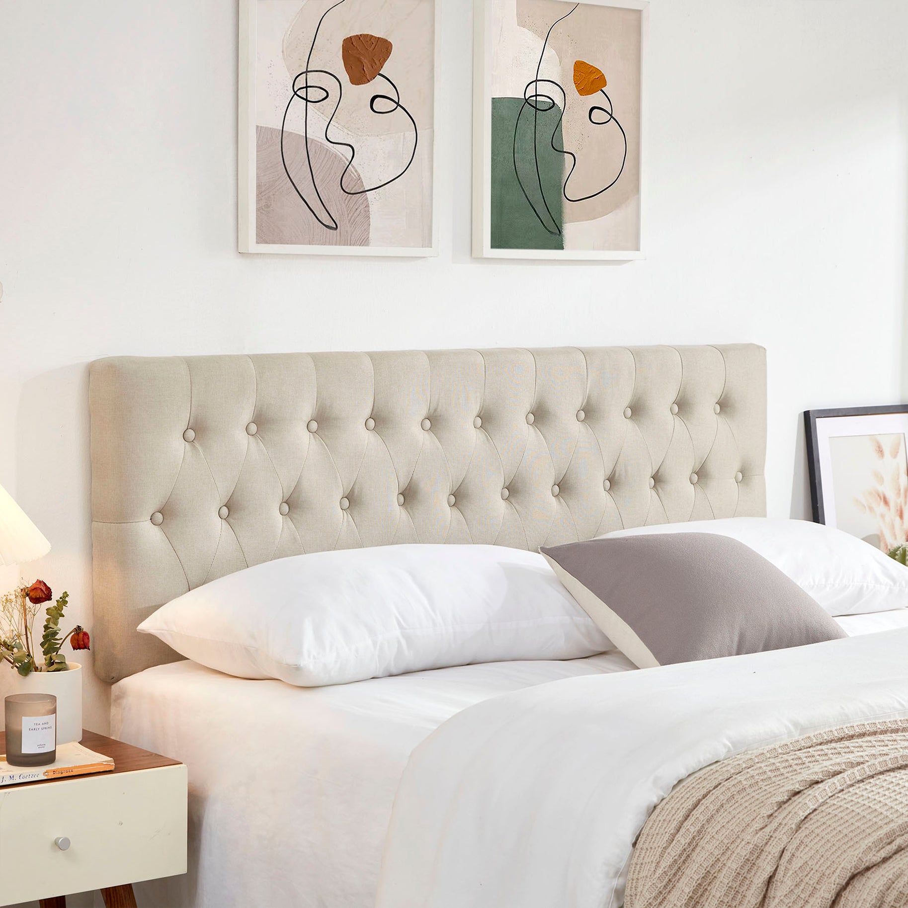 Headboards In Modern Button Design, Premium Linen Fabric Upholstered Tufted Bed Headboard, Adjustable Solid Wood Head Board Beige, Twin Twin Beige Bedroom Bed Frame Linen Fabric Metal