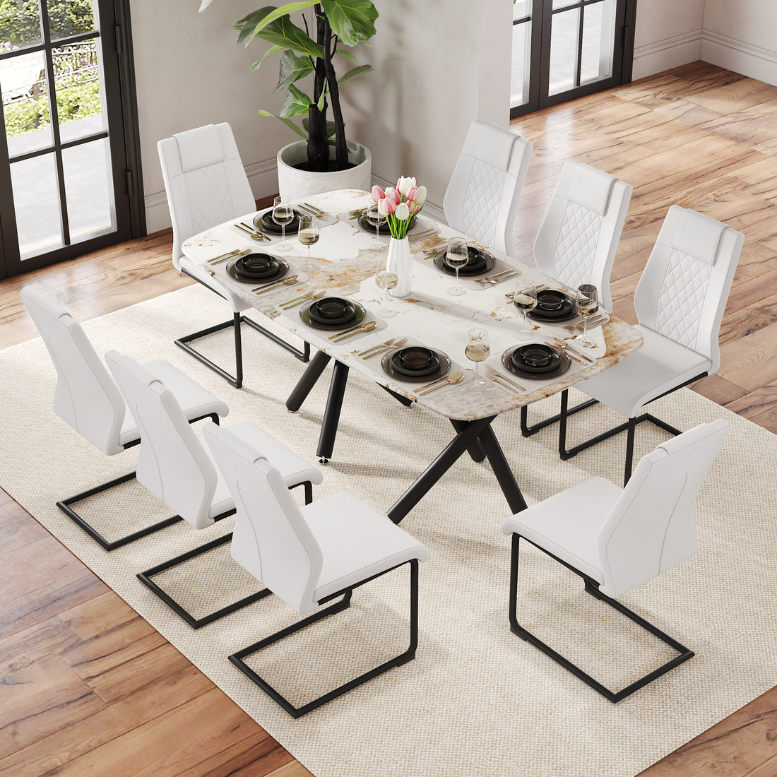 1 Table And 8 Chairs Set.A Rectangular Dining Table With A 0.39 Inch Imitation Marble Tabletop And Black Metal Legs.Paired With 8 Chairs With Pu Leather Seat Cushion And Black Metal Legs.F 1538,C