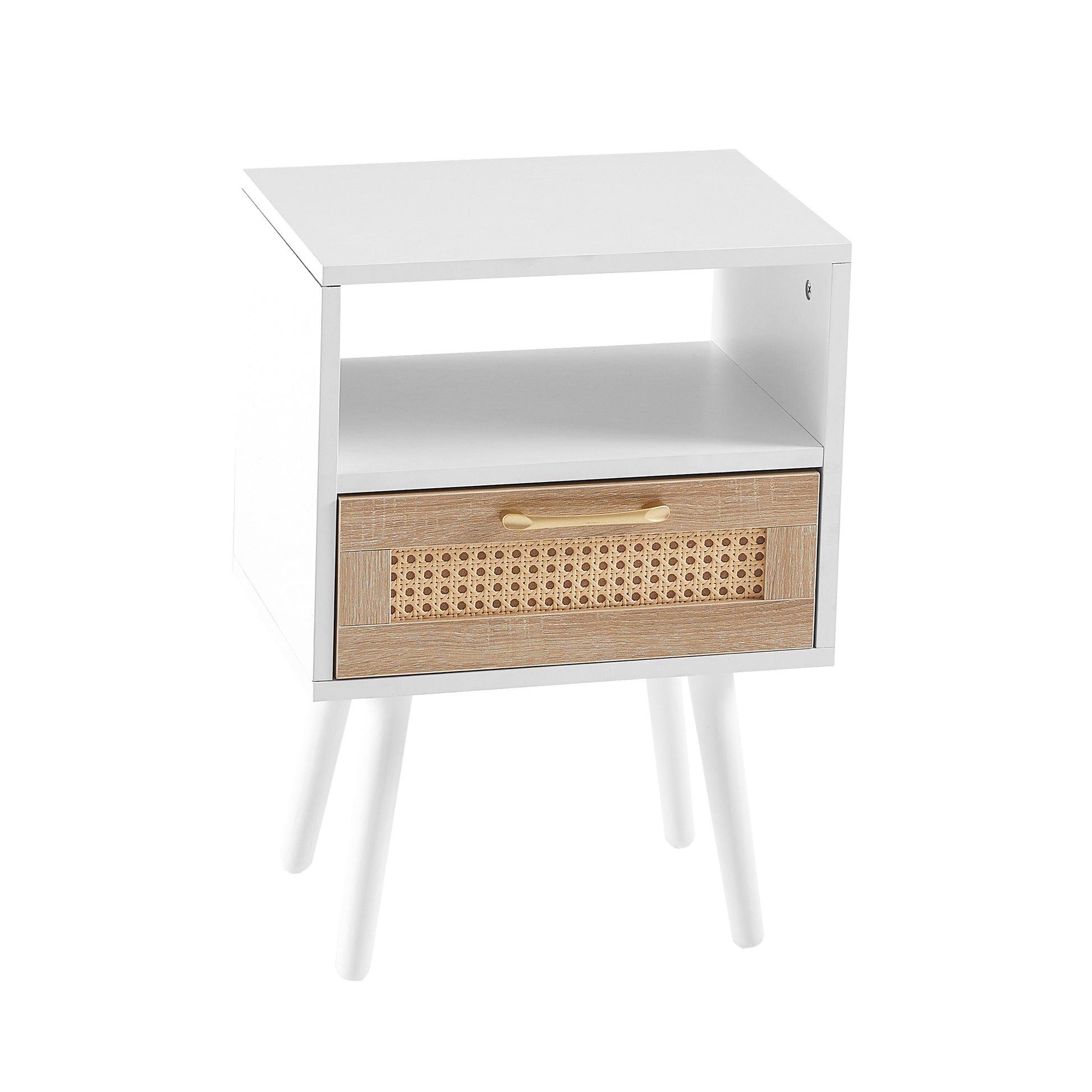 15.75" Rattan End Table With Drawer And Solid Wood Legs, Modern Nightstand, Side Table For Living Room, Bedroom,White White Mdf