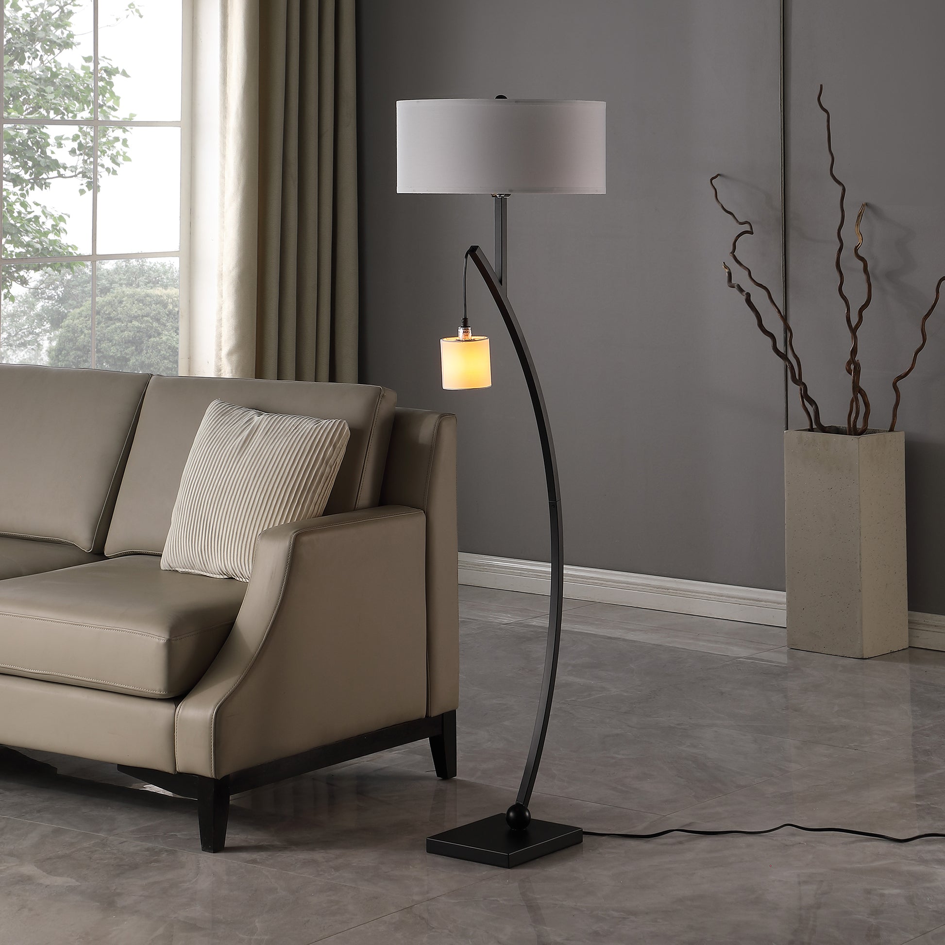 59" In Contemporary Dual Black Arc W Hanging Pendelum Lamp Metal Floor Lamp Matte Black Fabric Metal