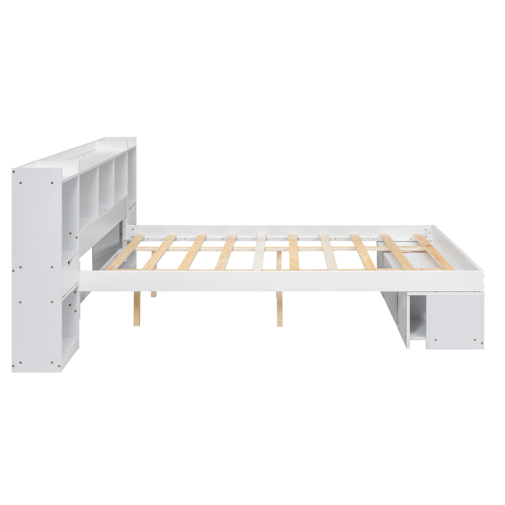 Queen Size Wood Platform Bed With Multi Storage Headboard And A Drawer, White Box Spring Not Required Queen White Wood Bedroom Bed Frame Solid Wood Mdf