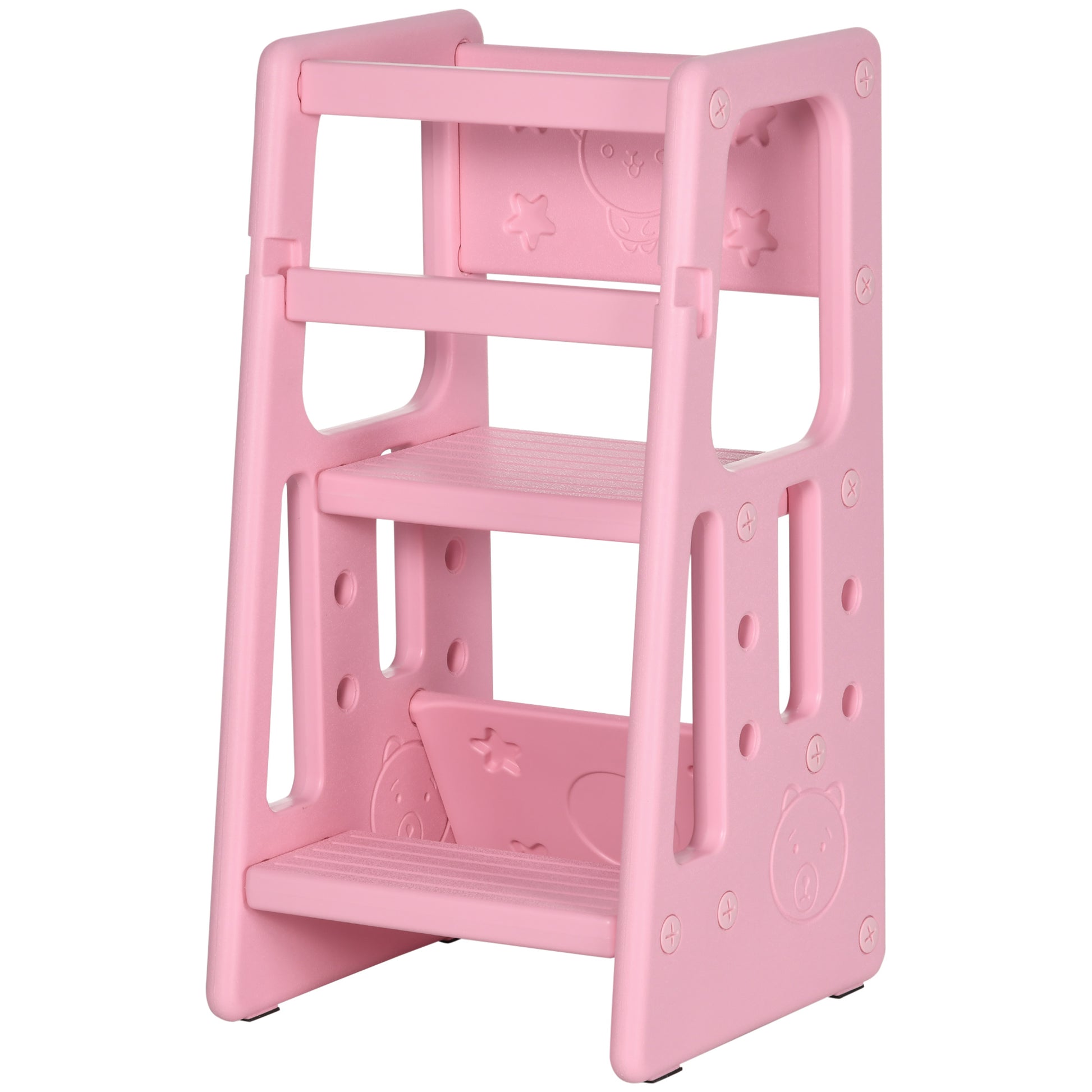 Qaba Toddler Tower With Adjustable Height, Toddler Kitchen Stool Helper With Anti Slip Mat, Step Stool For Kitchen, Bathroom, Pink Pink Hdpe