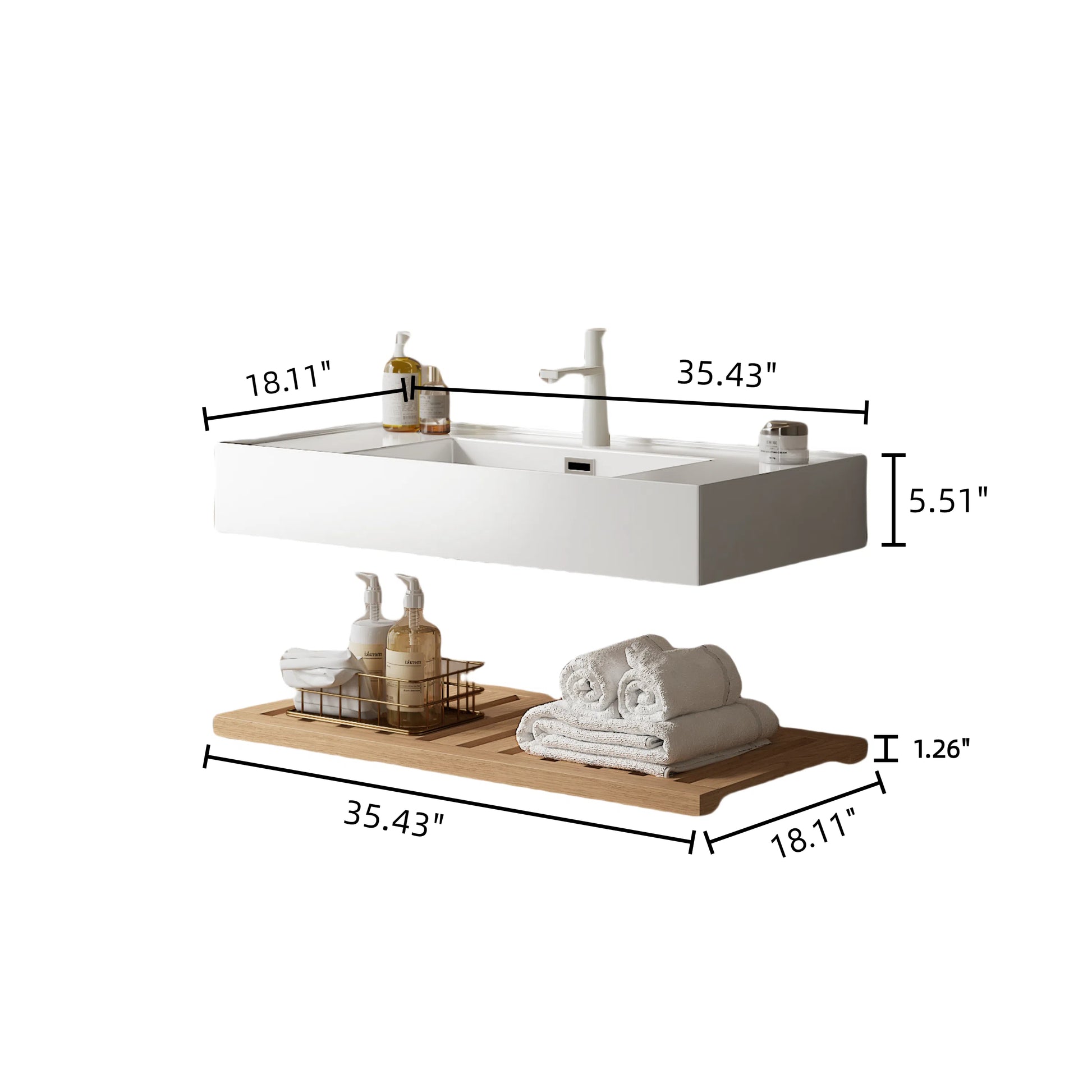 Lede 36" Bathroom Vanity With Vessel Sink, Wall Mounted Floating White Rectangular Acrylic Integrated Basin Without Faucet, Striped Shelves Layer, Natural Wood Natural Wood,White Bathroom