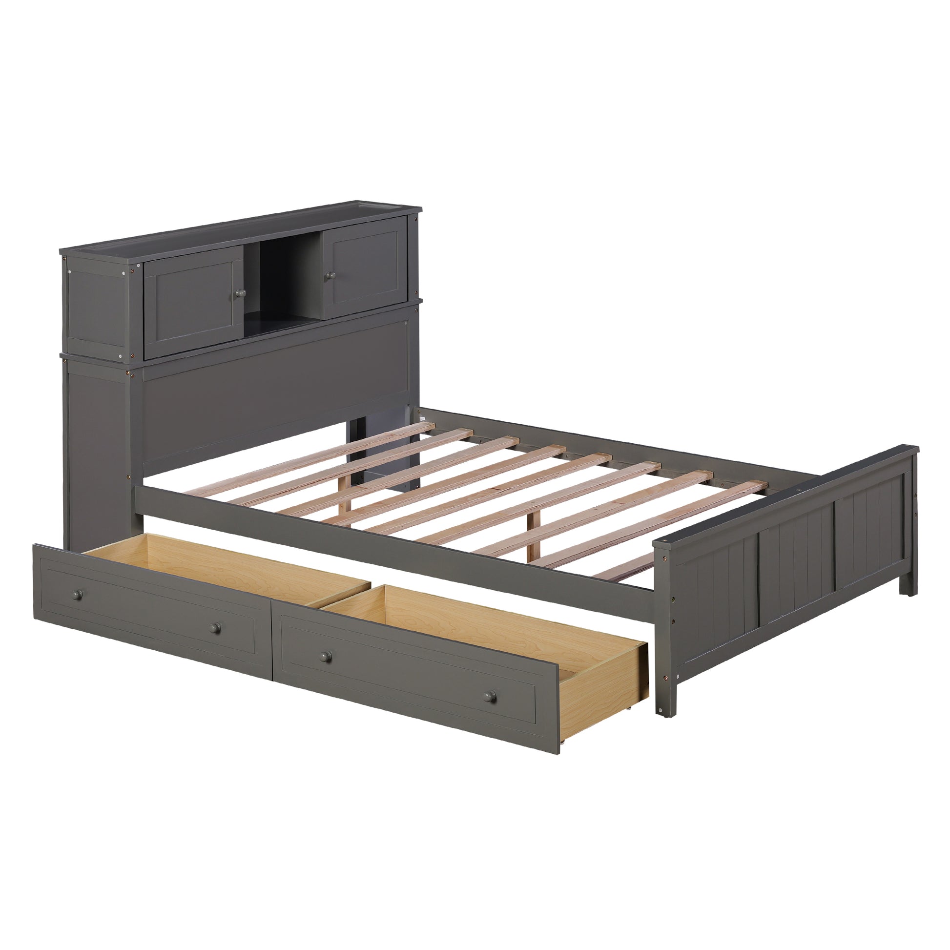 Full Size Platform Bed With Storage Headboard And Sliding Door,2 Drawers, Gray Full Gray Solid Wood Mdf