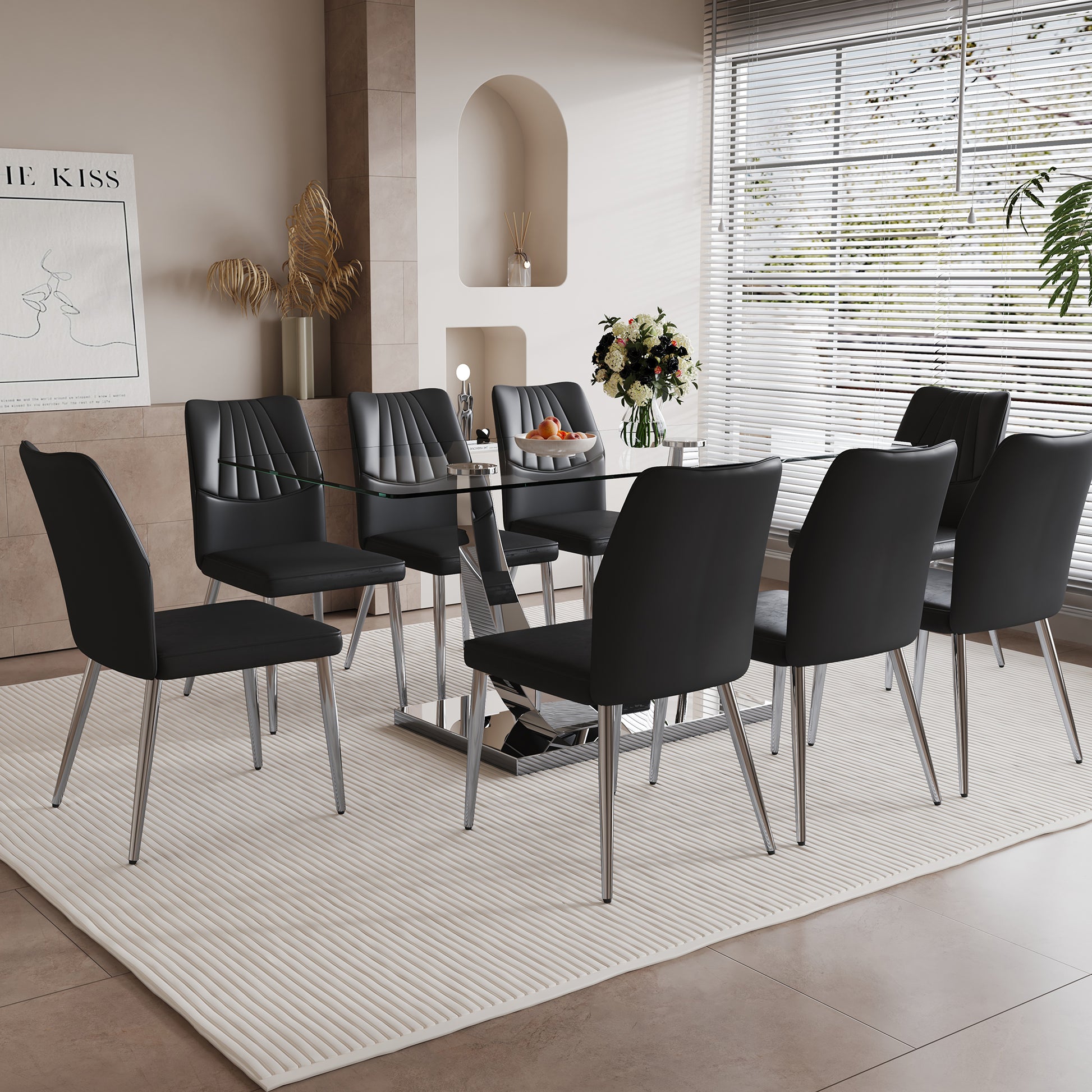 Table And Chair Set.Contemporary, Minimalist Rectangular Dining Table Featuring A Clear Tempered Glass Top And Sleek Silver Legs. Paried With Chairs Made Of Pu Material Cushion And Silver Metal Legs. Black Seats 8 Glass Metal