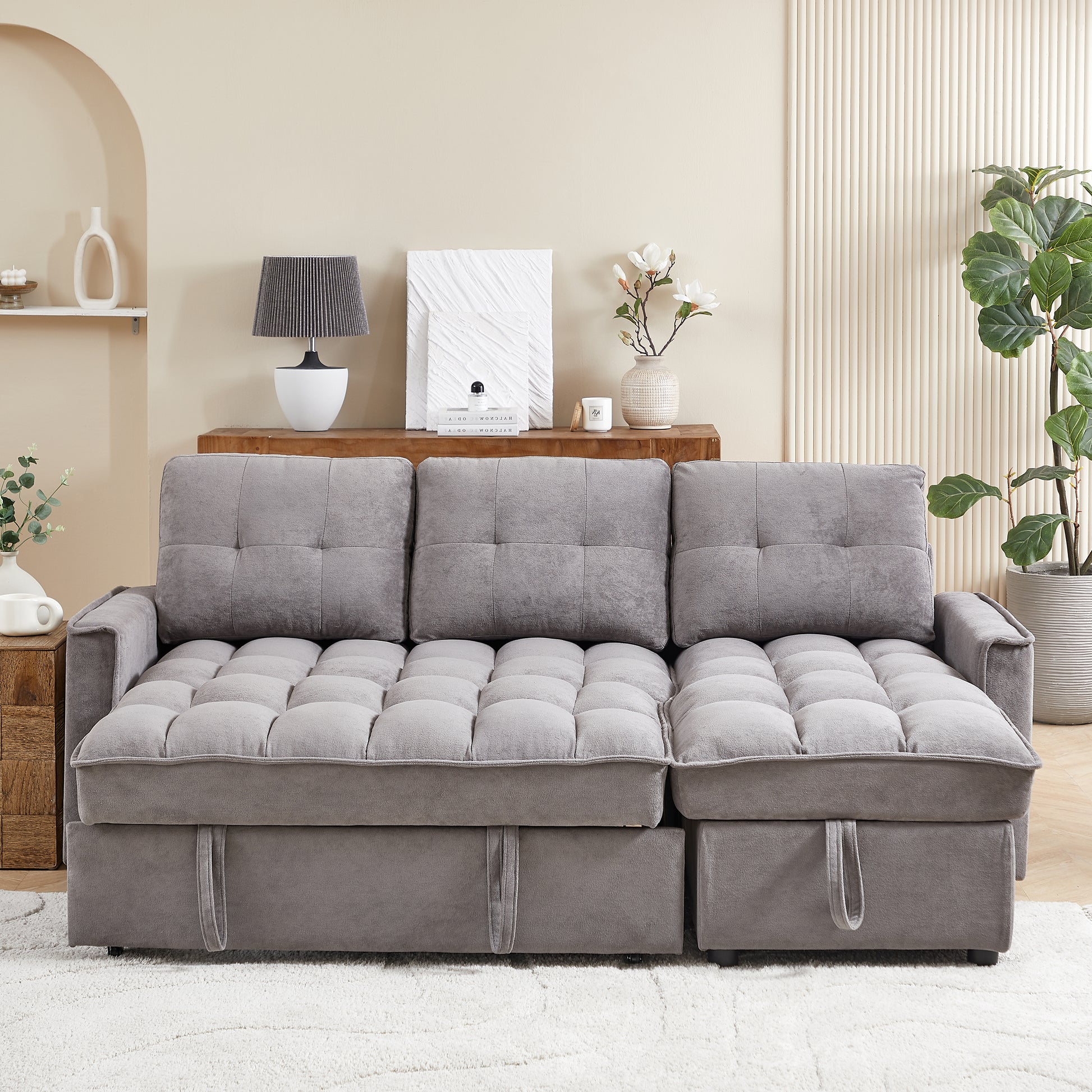 Mh 78.75" Reclining Sofa, Pull Out Sofa Bed With Usb And Tape C Charging Ports, L Shaped Sectional Sofa With Reclining Storage And Arm Side Organizer Pocket Features, Living Room Comfort Sofa Dark Grey Chenille Wood Primary Living Space Eucalyptus Foam