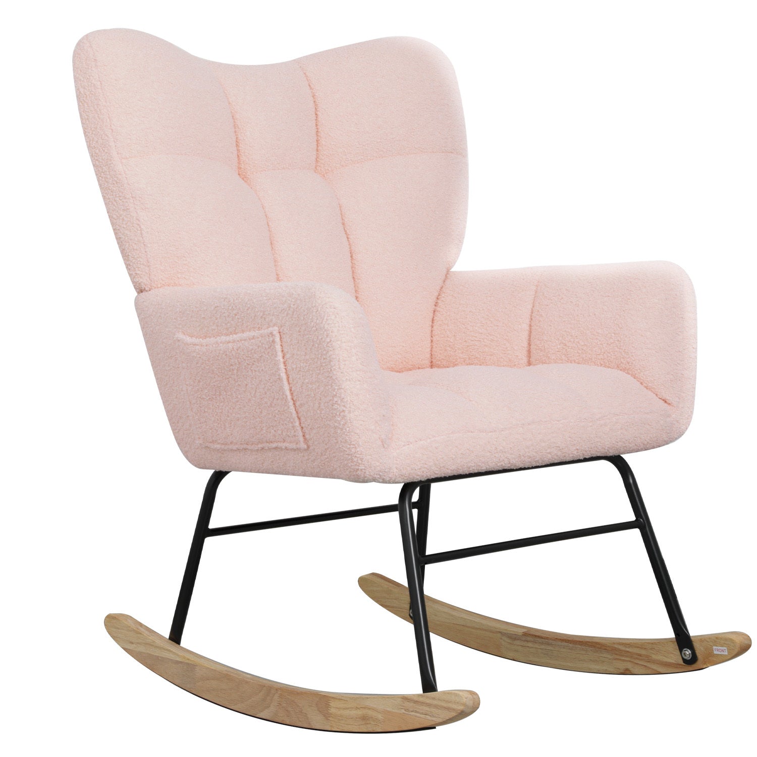 Teddy Fabric Rocking Chair, Upholstered Rocker Armchair With High Backrest, Modern Rocking Accent Chair For Nursery, Living Room, Bedroom, Pink Metal Pink Light Brown Bedroom Foam Wipe Clean Modern Rocking Chairs Rubberwood Tufted Back Foam Fabric