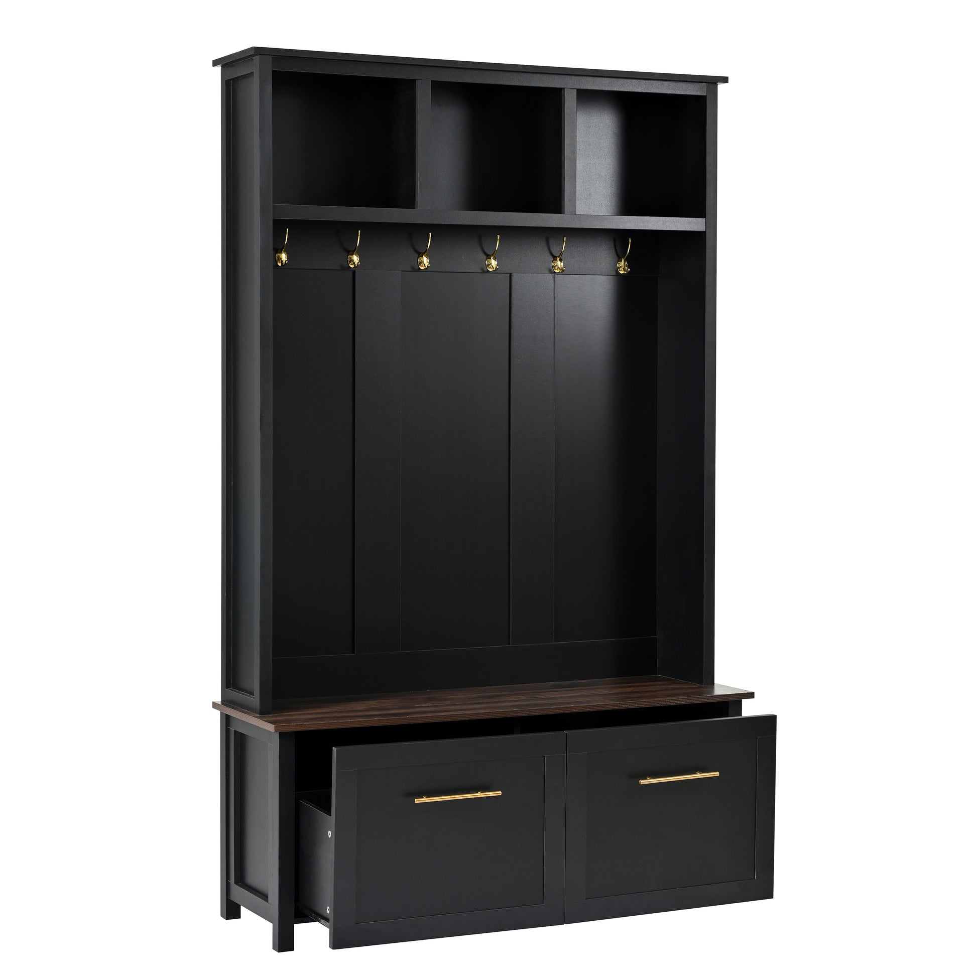 Versatile 4 In 1 Hall Tree With 6 Golden Hooks, Brown Wood Grain Bench With Multiple Storage Space, Entryway Coat Rack With 2 Drawers For Living Room, Hallway, Black, 47.2''W*76.6''H Black Primary