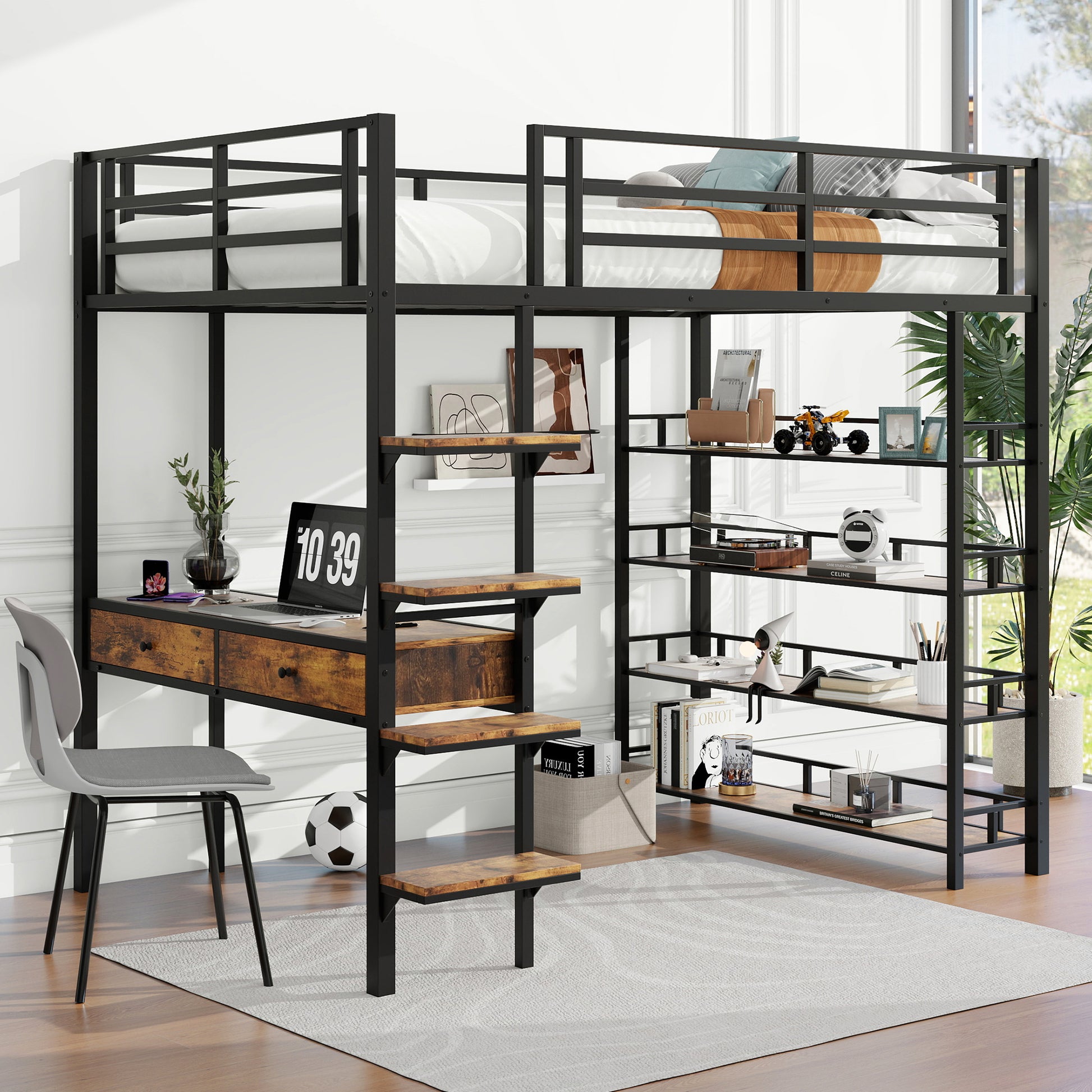 Full Size Metal Loft Bed With Desk And Shelves, Black Expected Arrival
