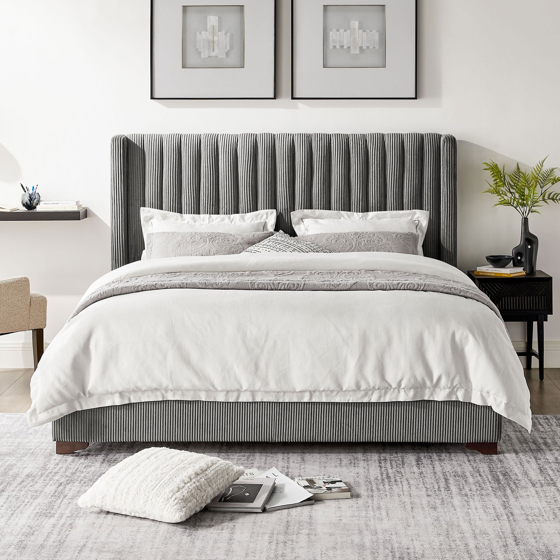 Queen Size Modern Design Bed Frame Upholstered Queen Bed Frame Platform With Headboard Corduroy Headboard Wooden Slats Support, No Box Spring Needed,Mattress Foundation,Dark Grey Queen Dark Grey Corduroy