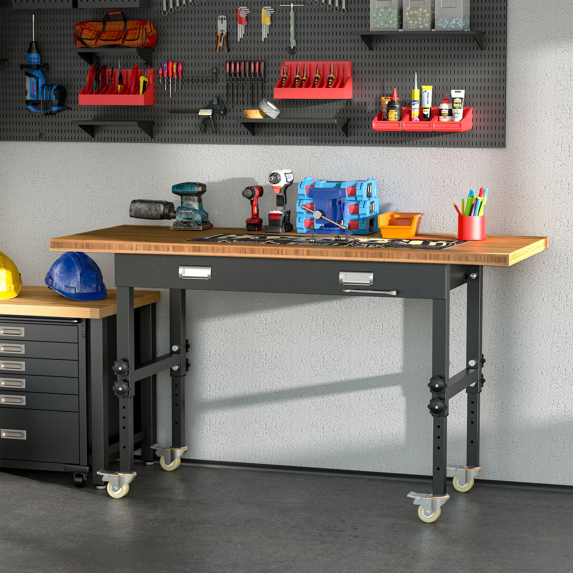 Homcom 59" Work Bench With Drawer, Height Adjustable Legs, Bamboo Tabletop Workstation Tool Table On Wheels For Garage, Weight Capacity 1320 Lbs, Black Natural Natural Wood Bamboo