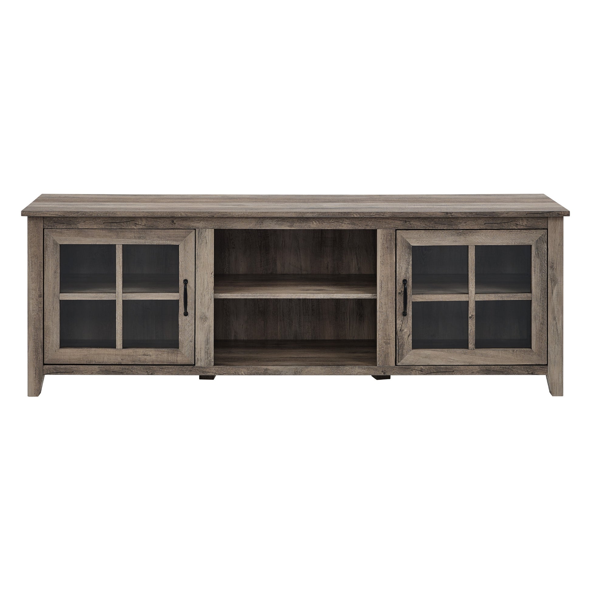 Modern Farmhouse 2 Door Glass Windowpane 70" Tv Stand For 80" Tvs Grey Wash Gray Wash Mdf